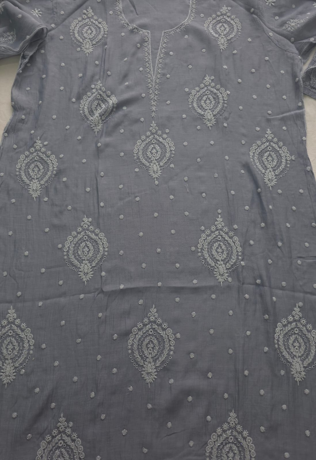 Grey Mul Chanderi Semi Stitched Kurta dupatta with Hand work and embellishments