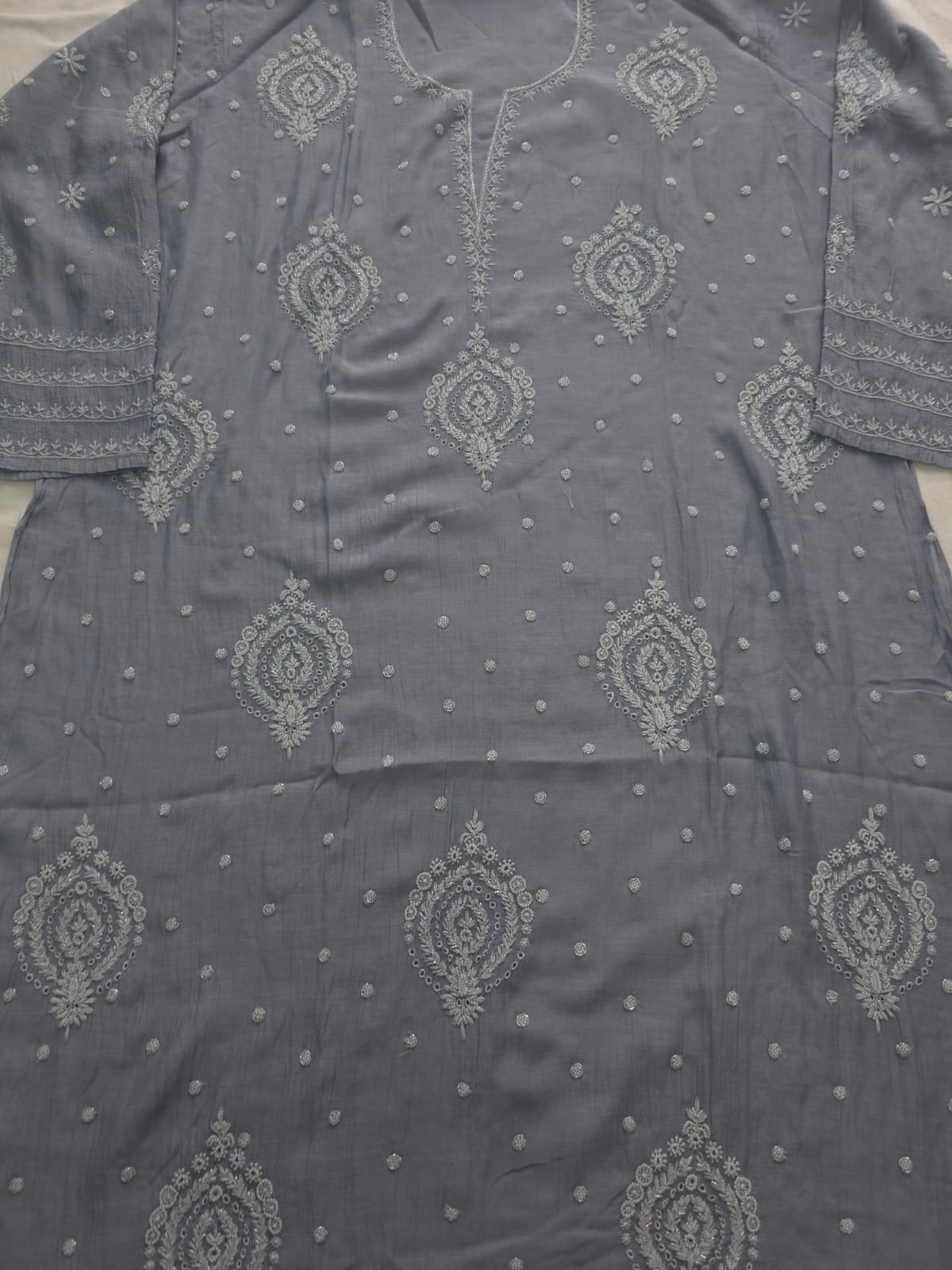 Grey Mul Chanderi Semi Stitched Kurta dupatta with Hand work and embellishments