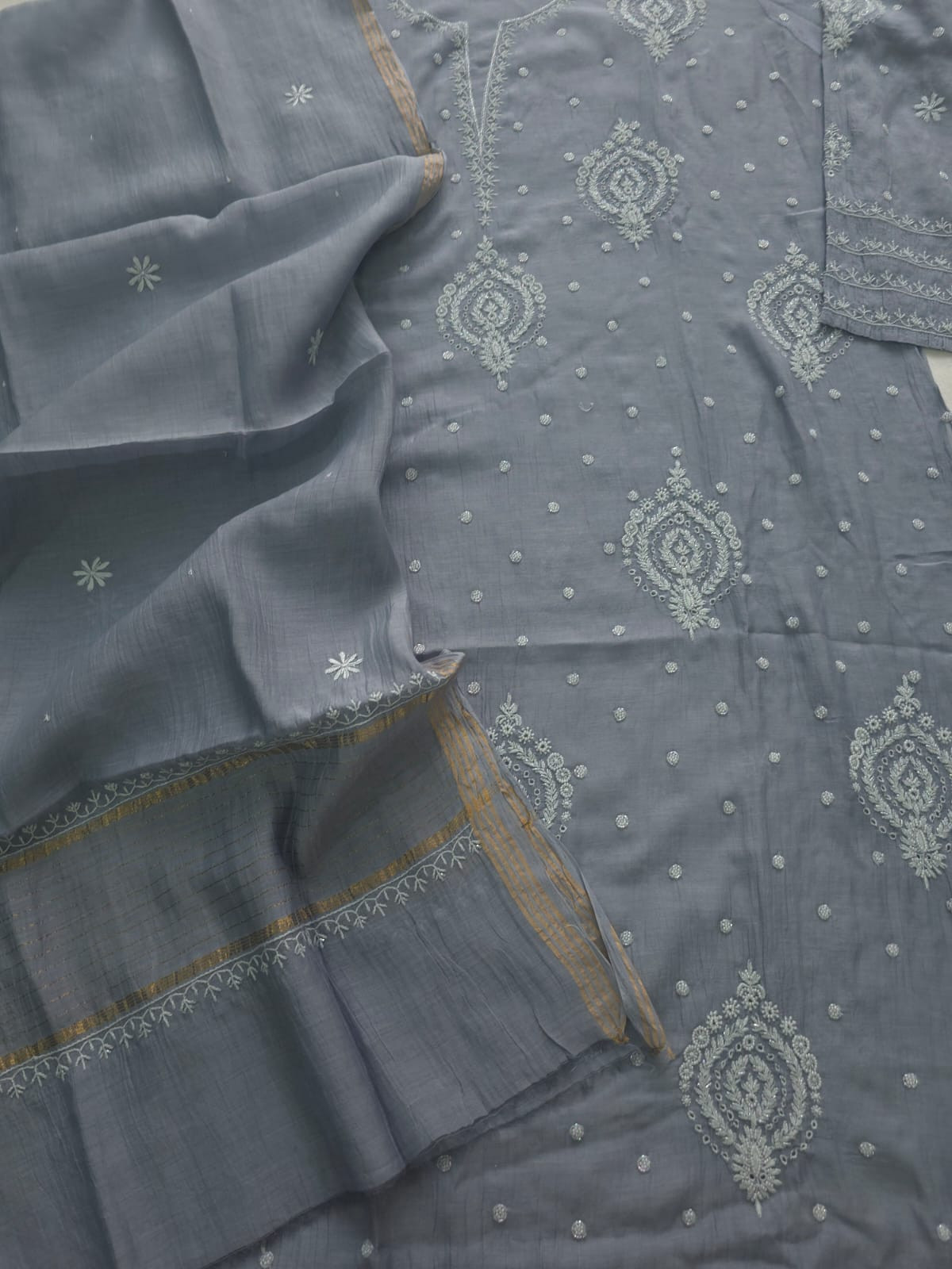 Grey Mul Chanderi Semi Stitched Kurta dupatta with Hand work and embellishments