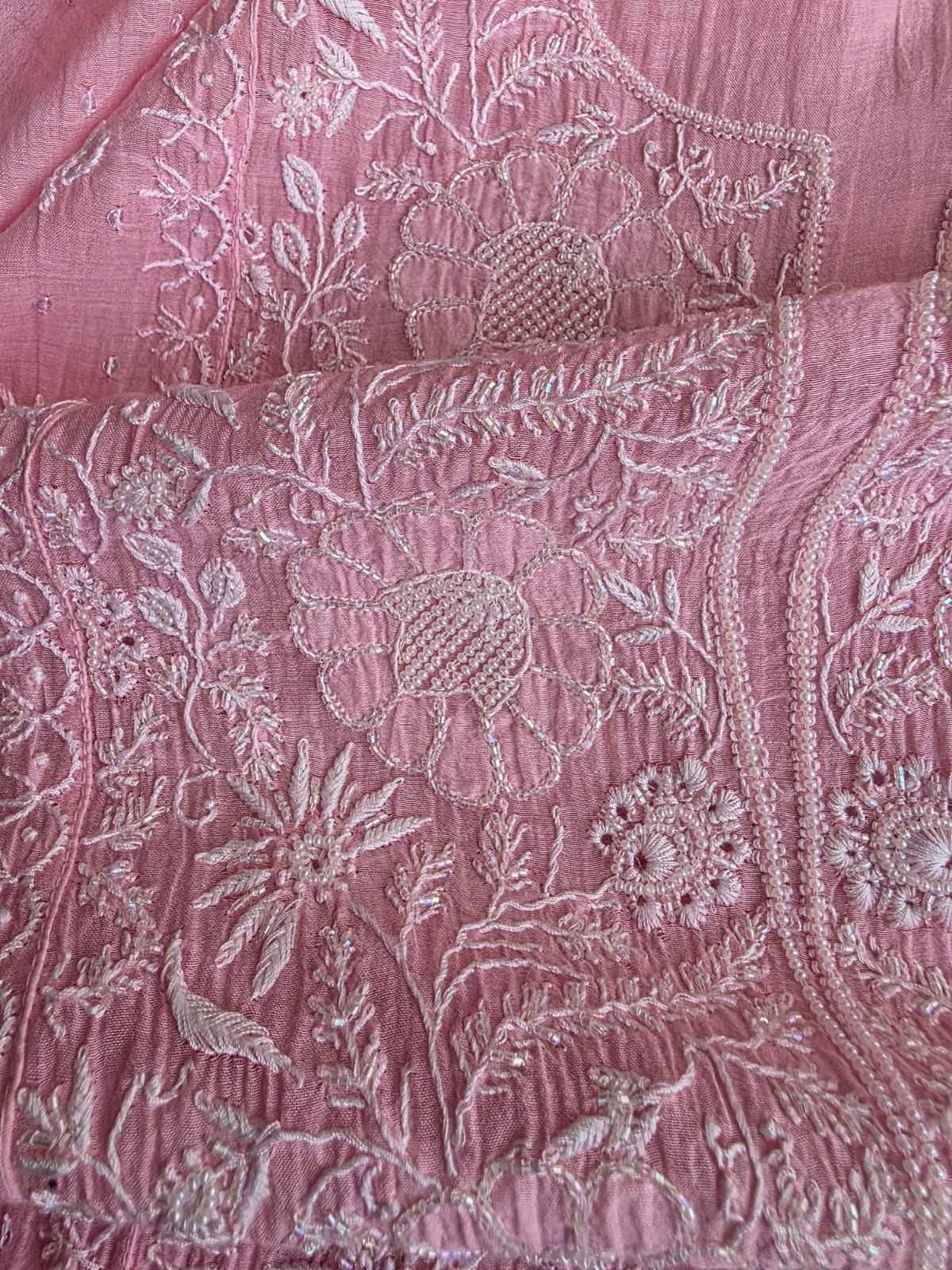 Pink Mul chanderi semi stitched hand embroidered kurta and dupatta set