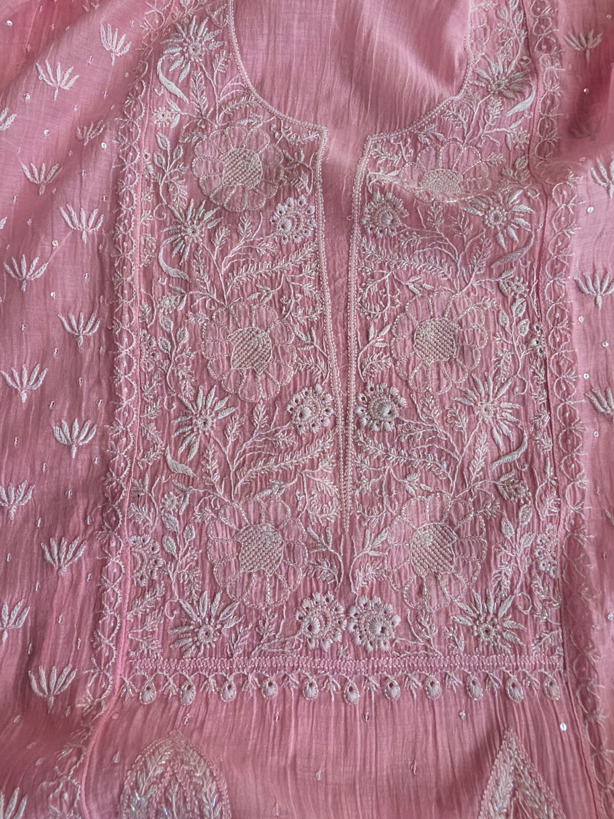 Pink Mul chanderi semi stitched hand embroidered kurta and dupatta set