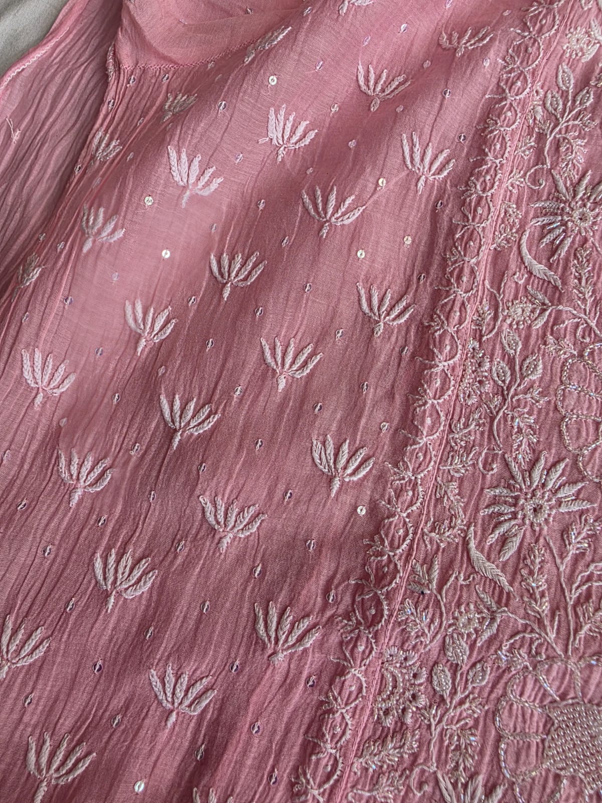 Pink Mul chanderi semi stitched hand embroidered kurta and dupatta set