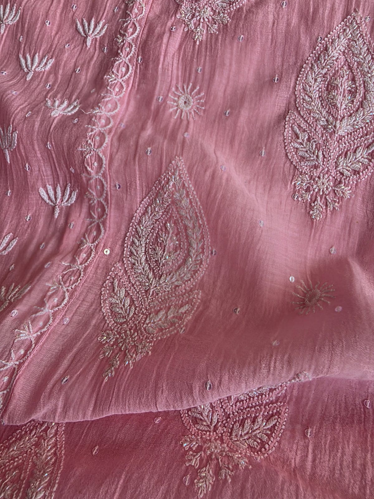 Pink Mul chanderi semi stitched hand embroidered kurta and dupatta set