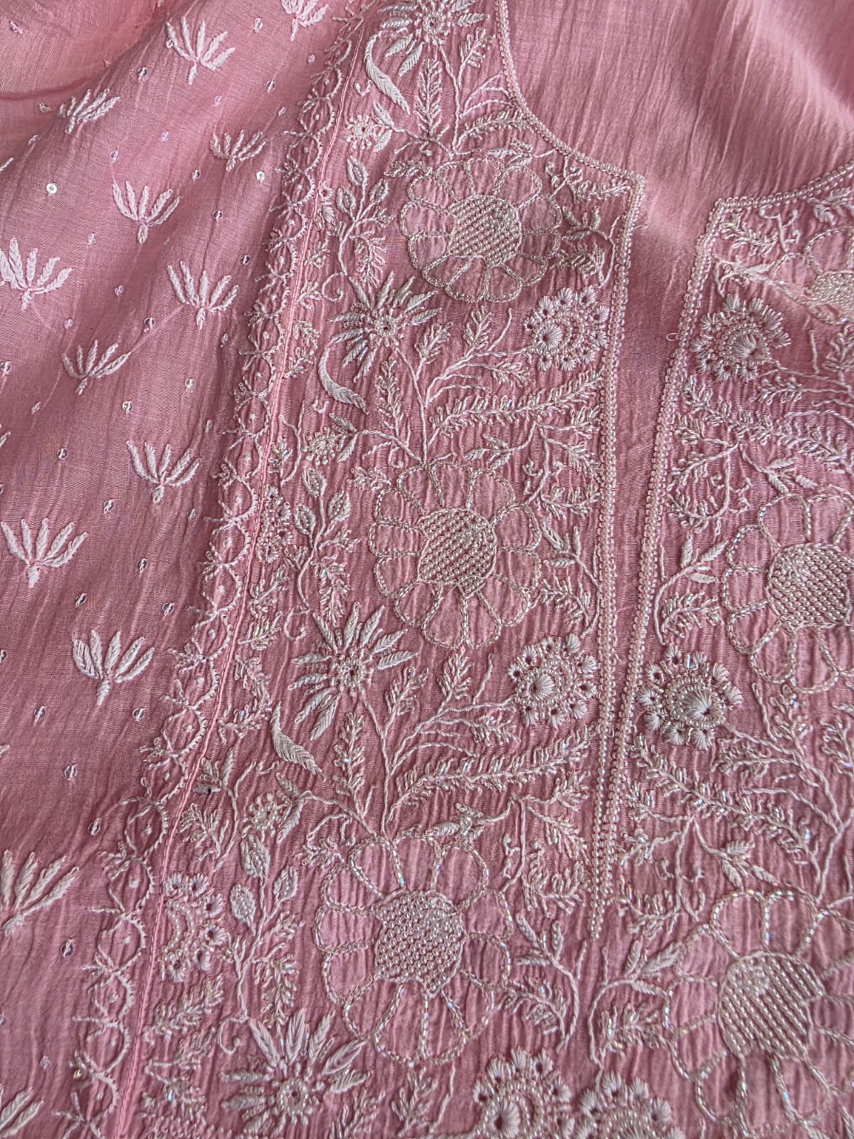 Pink Mul chanderi semi stitched hand embroidered kurta and dupatta set