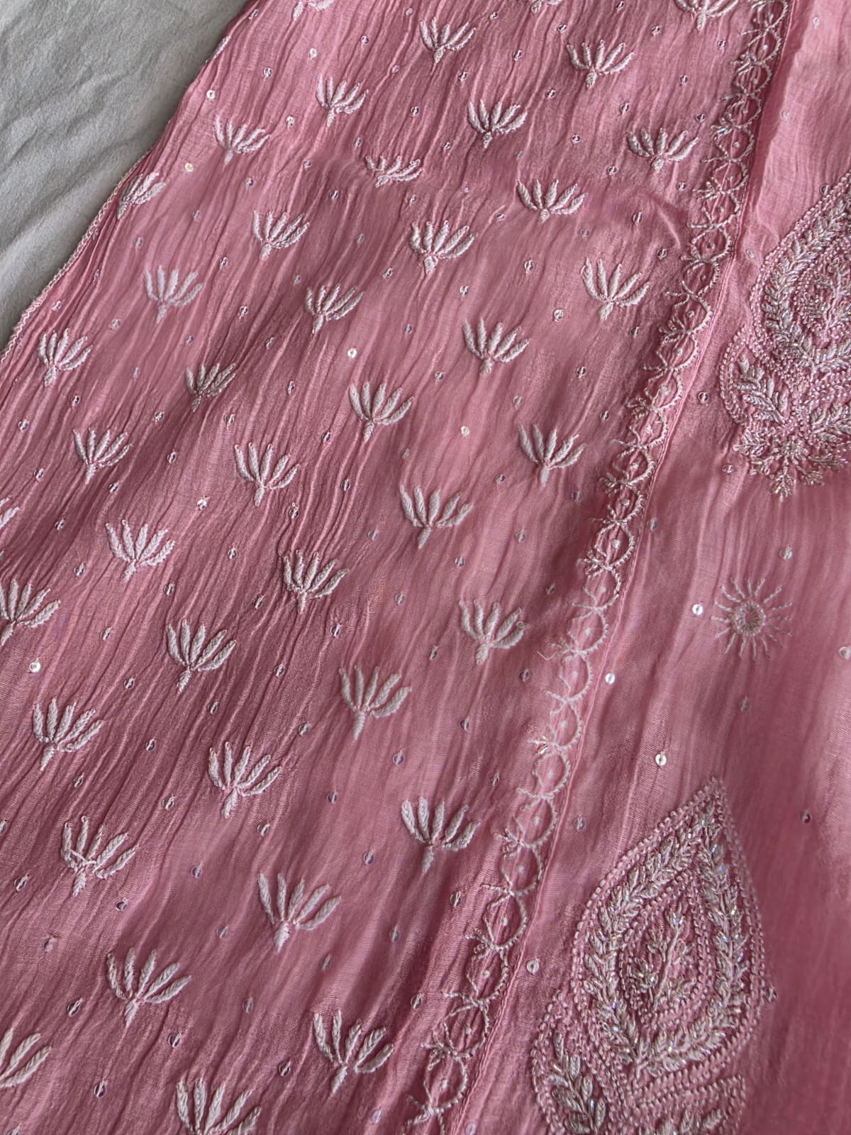 Pink Mul chanderi semi stitched hand embroidered kurta and dupatta set