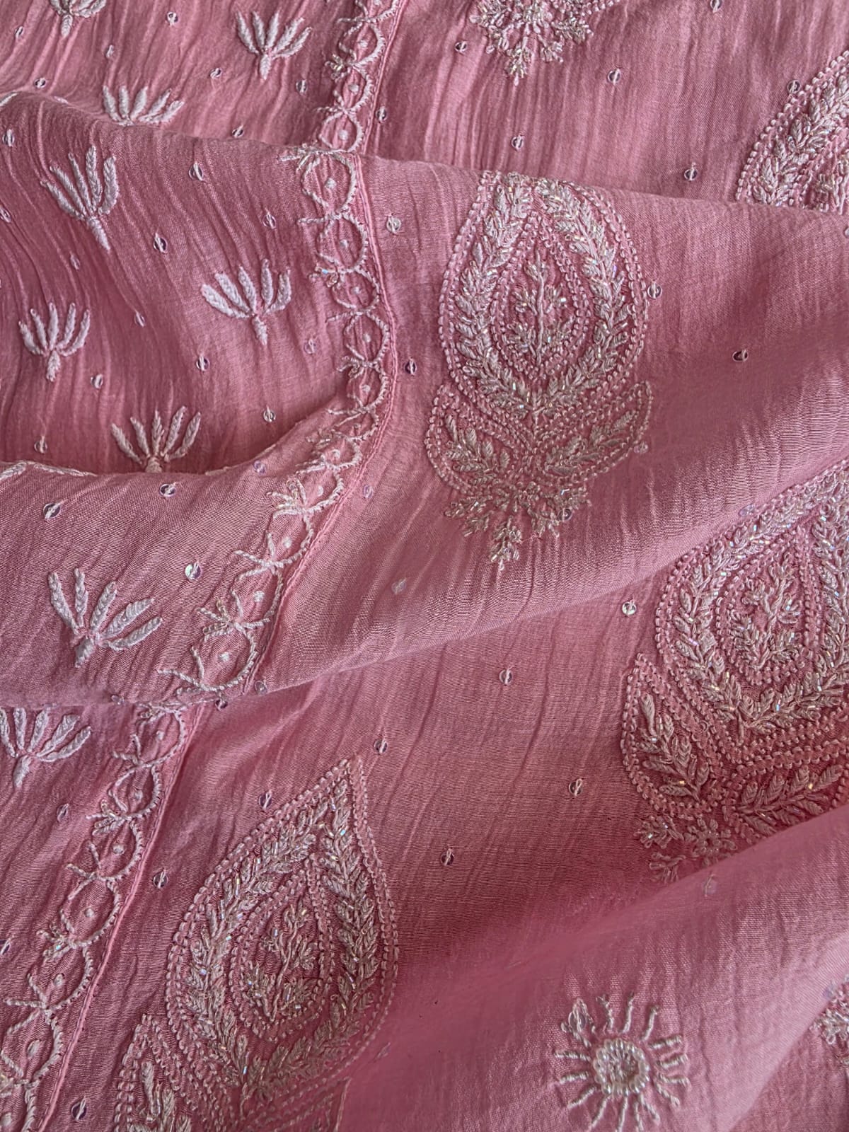 Pink Mul chanderi semi stitched hand embroidered kurta and dupatta set