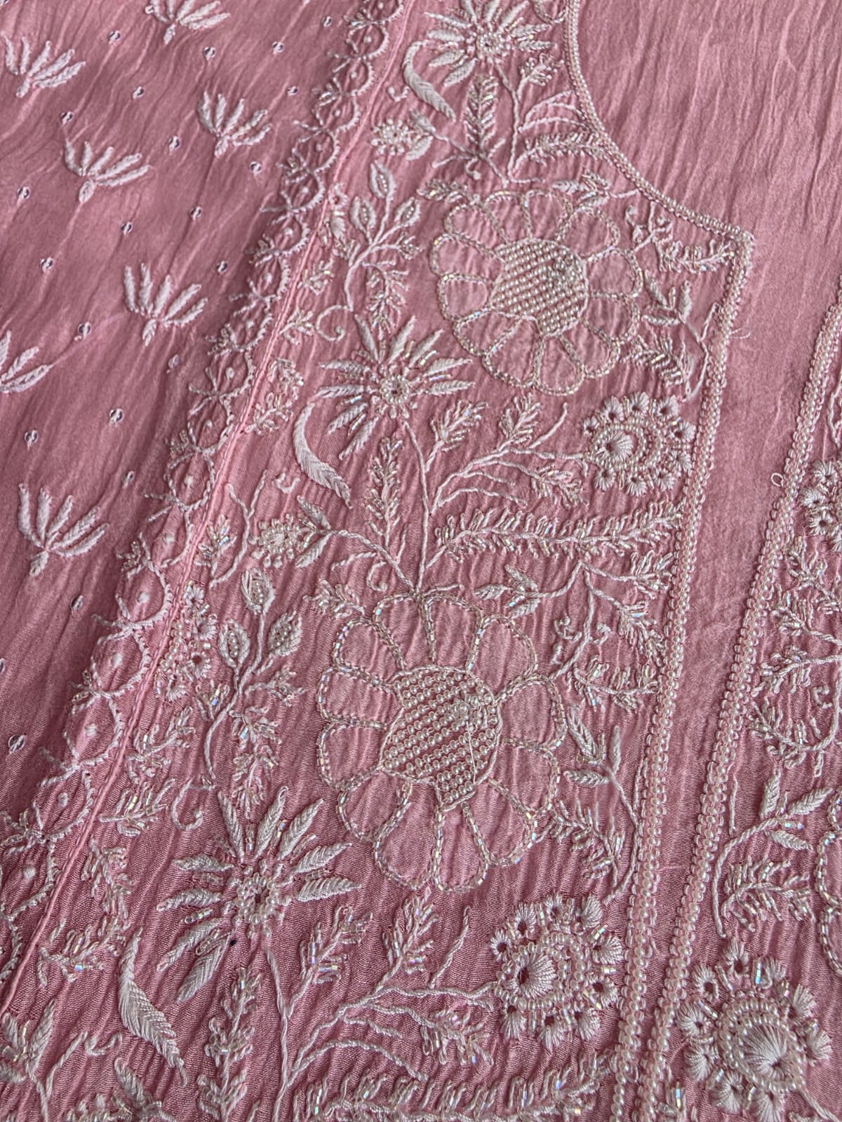 Pink Mul chanderi semi stitched hand embroidered kurta and dupatta set