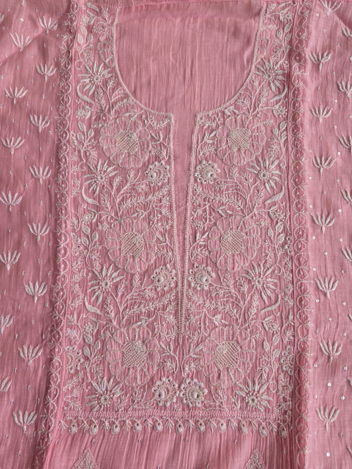 Pink Mul chanderi semi stitched hand embroidered kurta and dupatta set