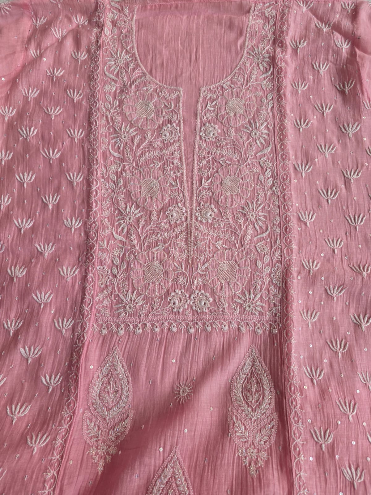 Pink Mul chanderi semi stitched hand embroidered kurta and dupatta set