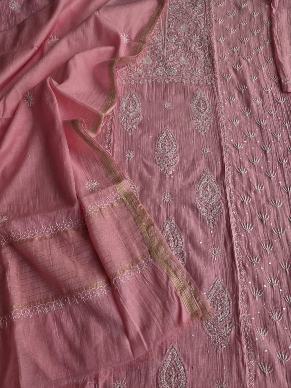 Pink Mul chanderi semi stitched hand embroidered kurta and dupatta set