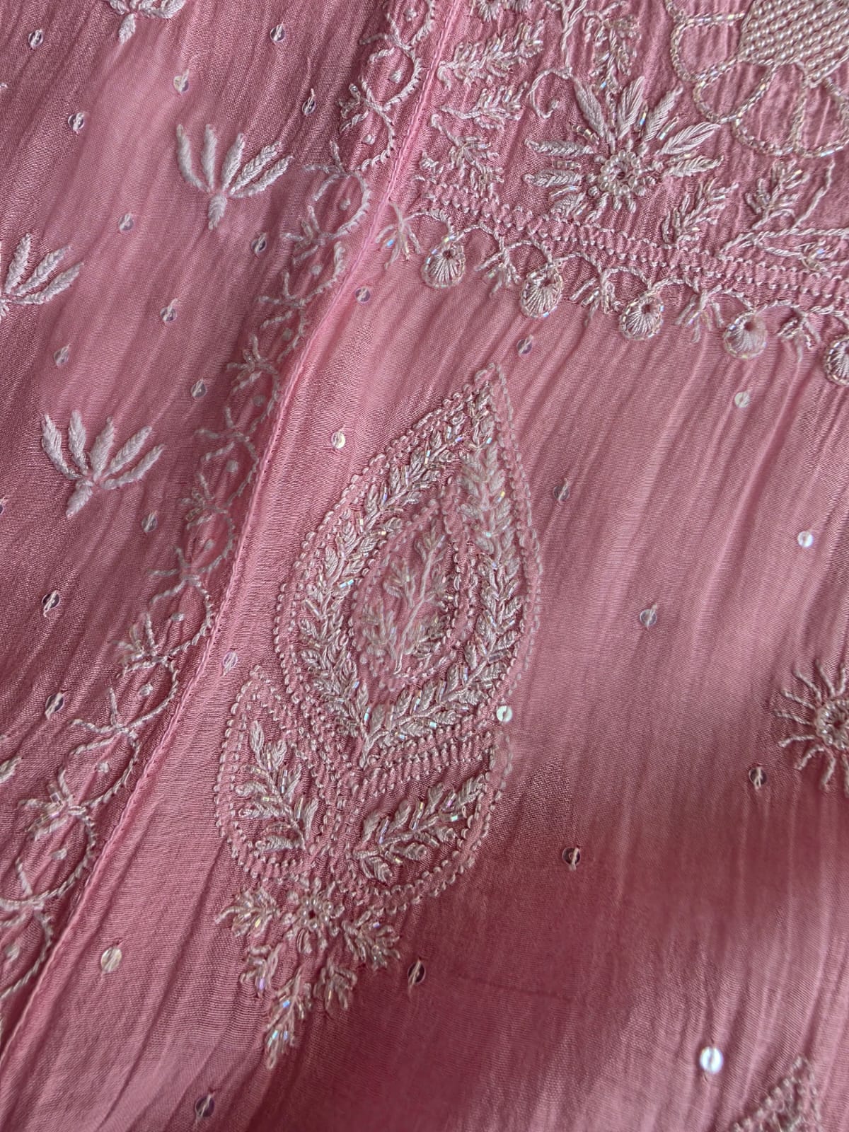 Pink Mul chanderi semi stitched hand embroidered kurta and dupatta set