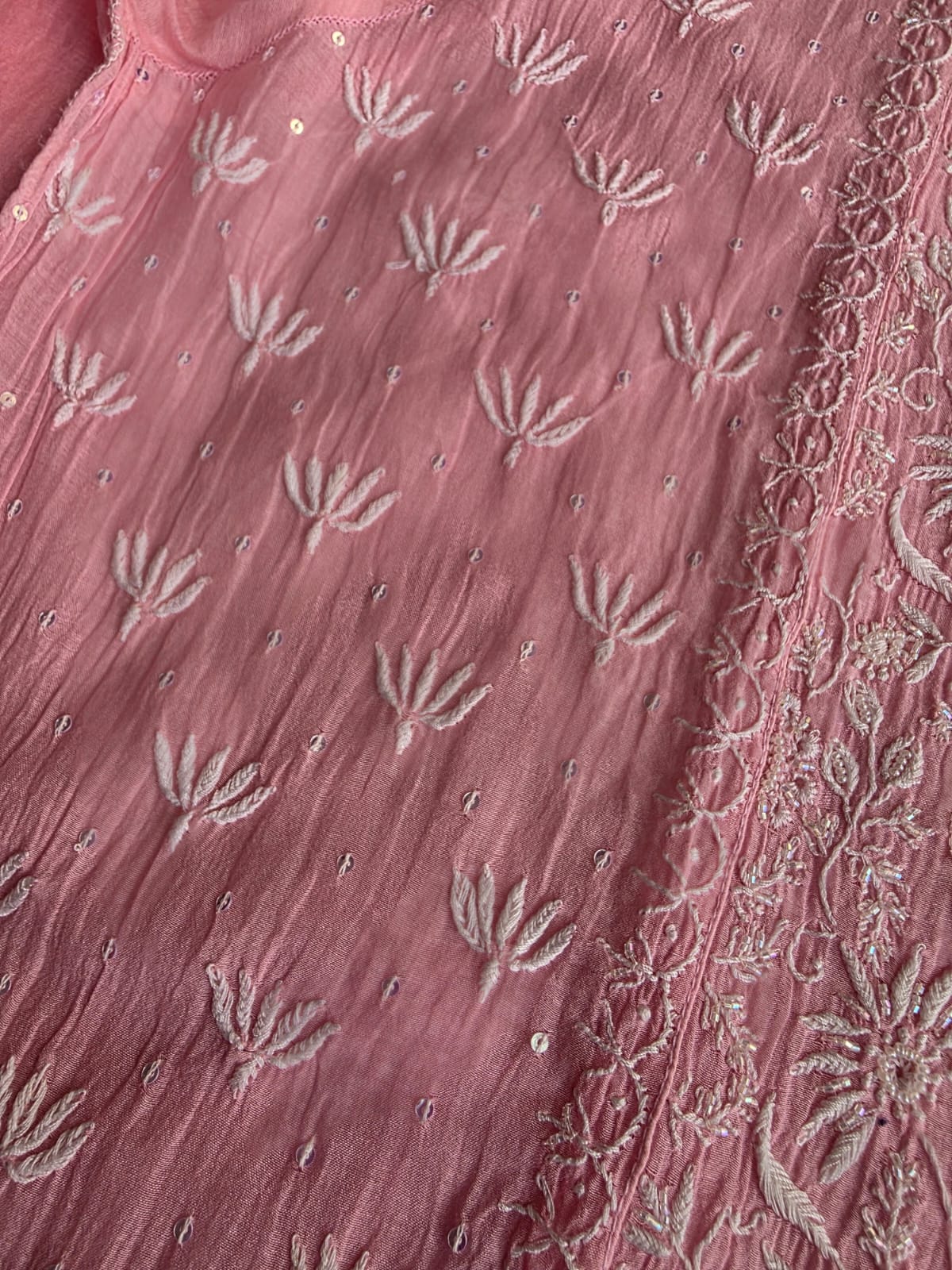 Pink Mul chanderi semi stitched hand embroidered kurta and dupatta set