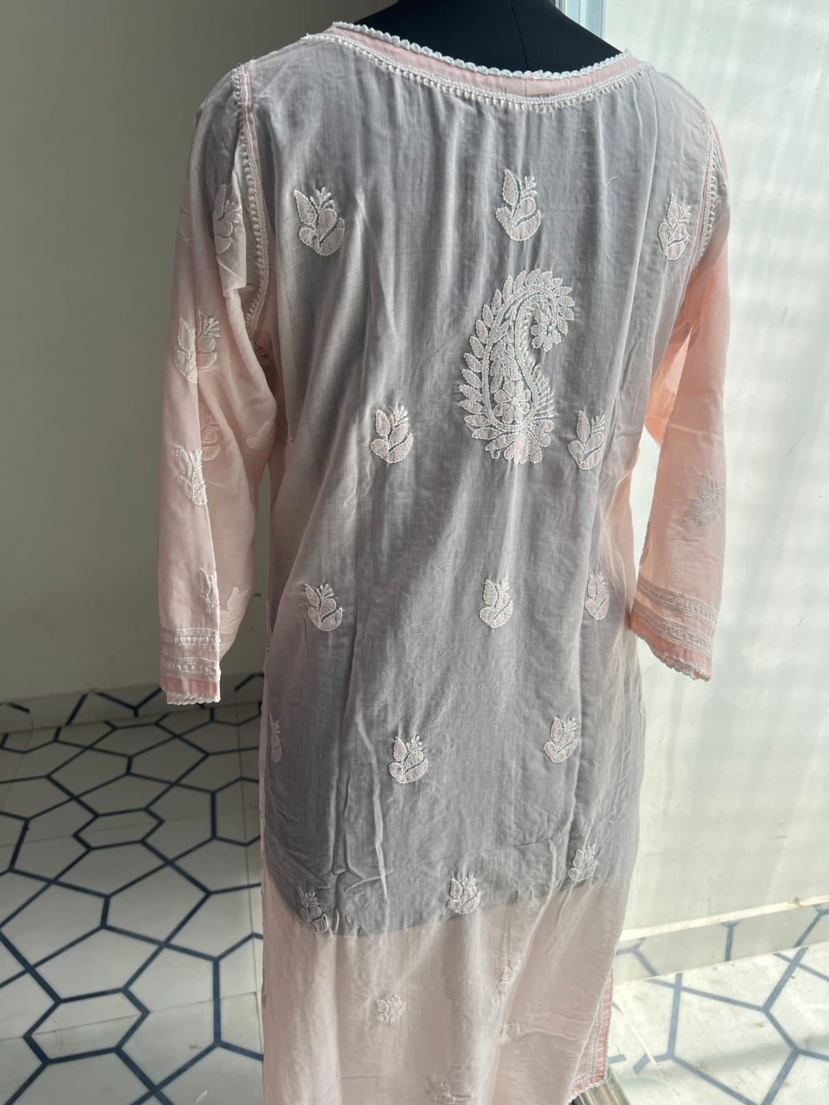 Peachish Pink Soft Cotton Angarkha style Kurta with intricate chikankari