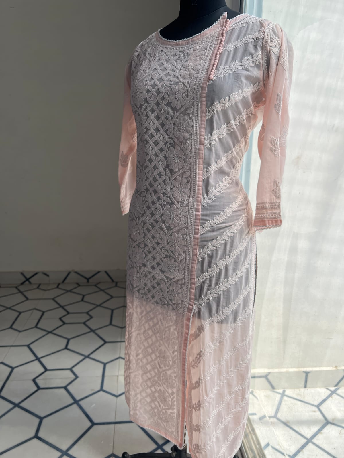Peachish Pink Soft Cotton Angarkha style Kurta with intricate chikankari