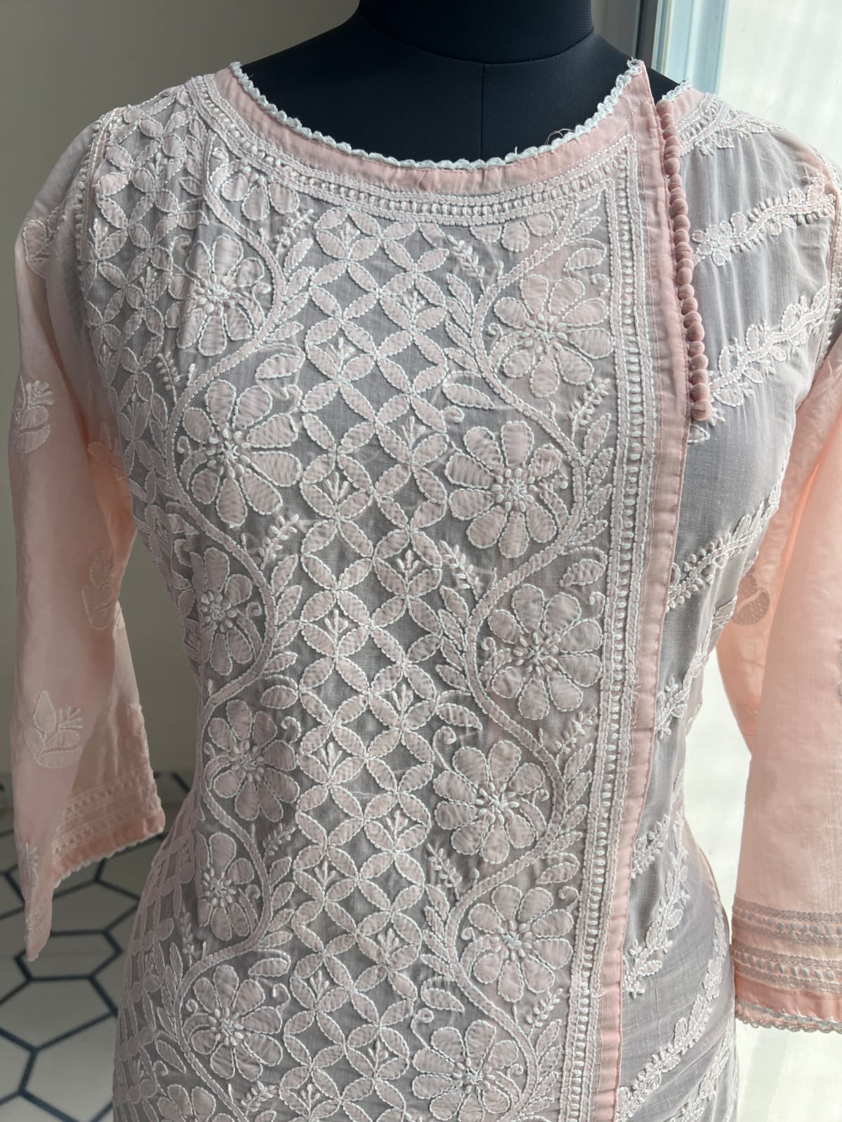 Peachish Pink Soft Cotton Angarkha style Kurta with intricate chikankari
