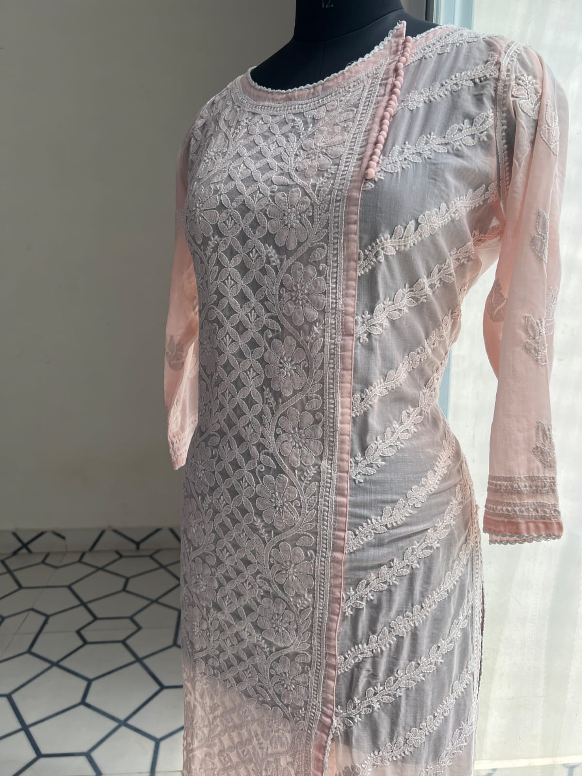 Peachish Pink Soft Cotton Angarkha style Kurta with intricate chikankari