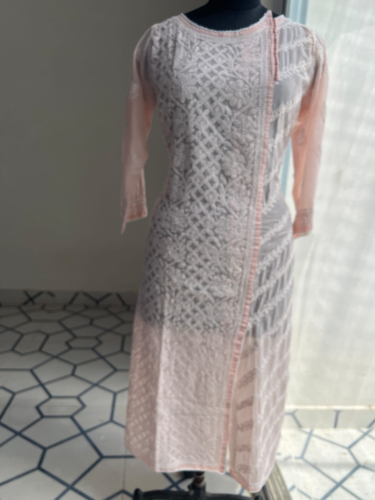 Peachish Pink Soft Cotton Angarkha style Kurta with intricate chikankari