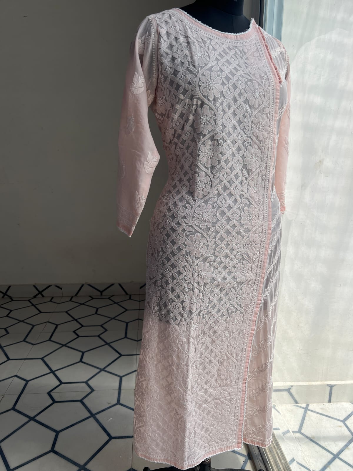 Peachish Pink Soft Cotton Angarkha style Kurta with intricate chikankari