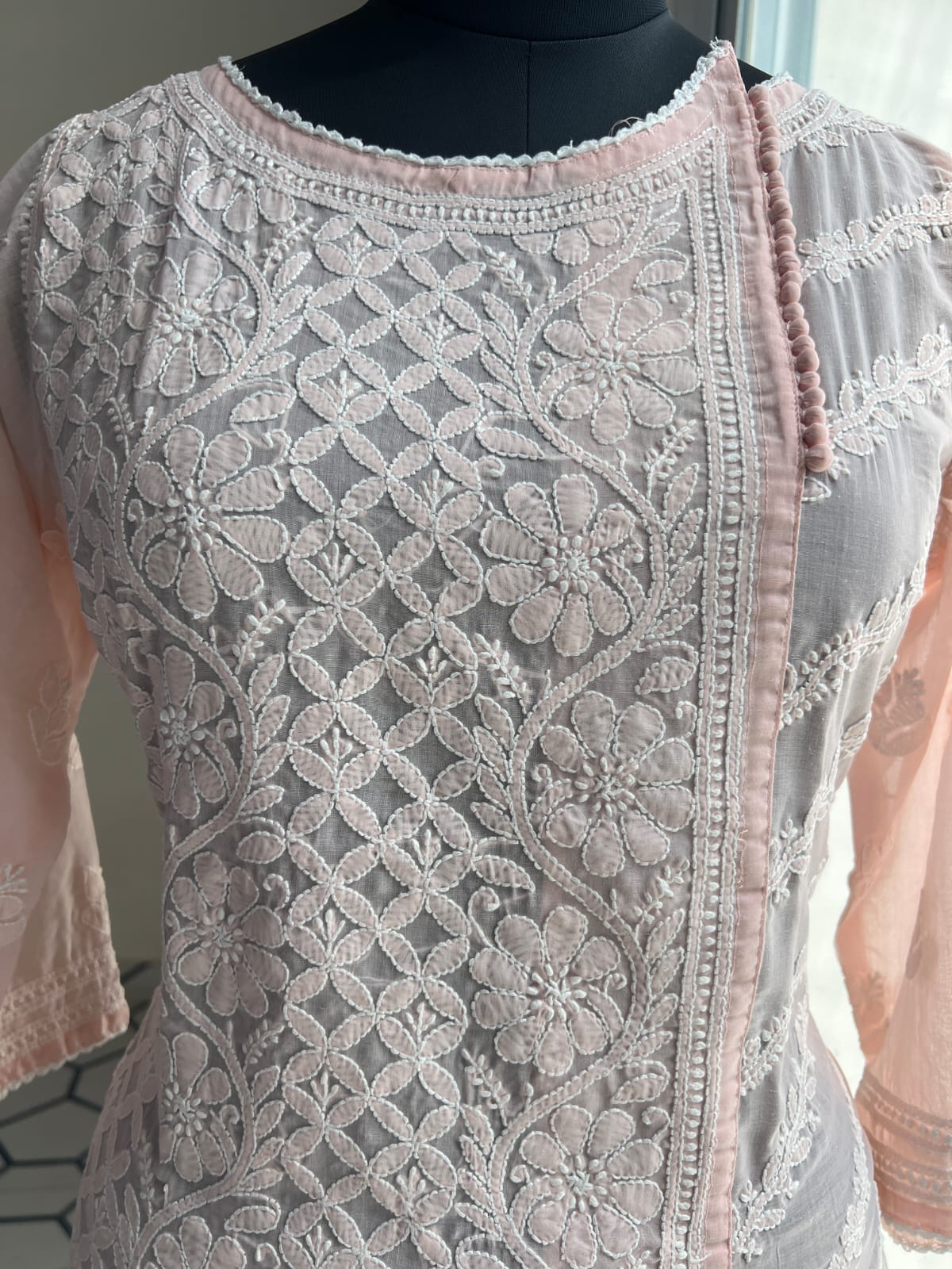 Peachish Pink Soft Cotton Angarkha style Kurta with intricate chikankari