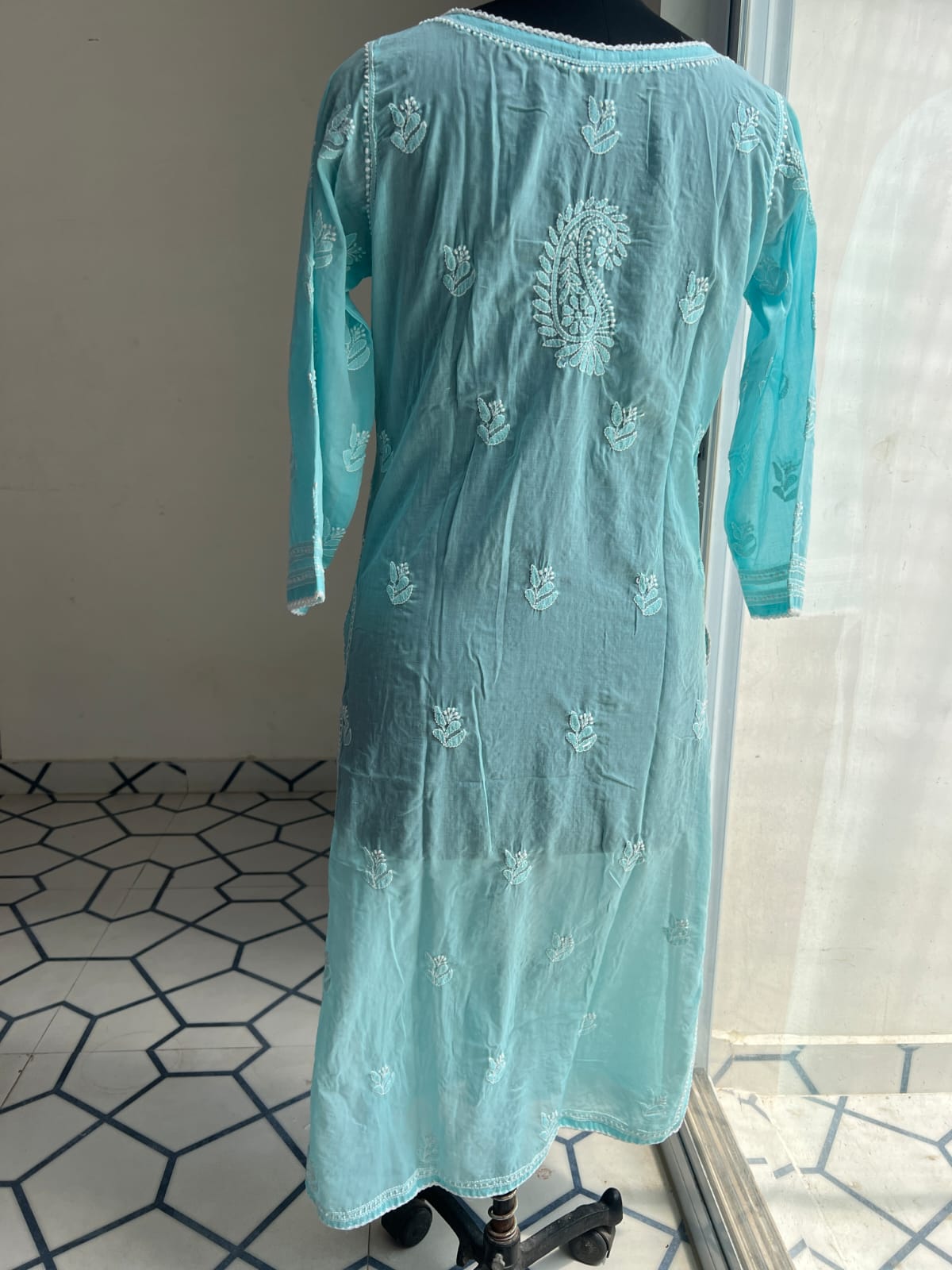 Sky Blue Soft Cotton Angarkha style Kurta with intricate chikankari