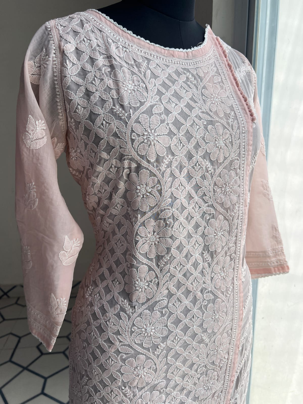 Peachish Pink Soft Cotton Angarkha style Kurta with intricate chikankari