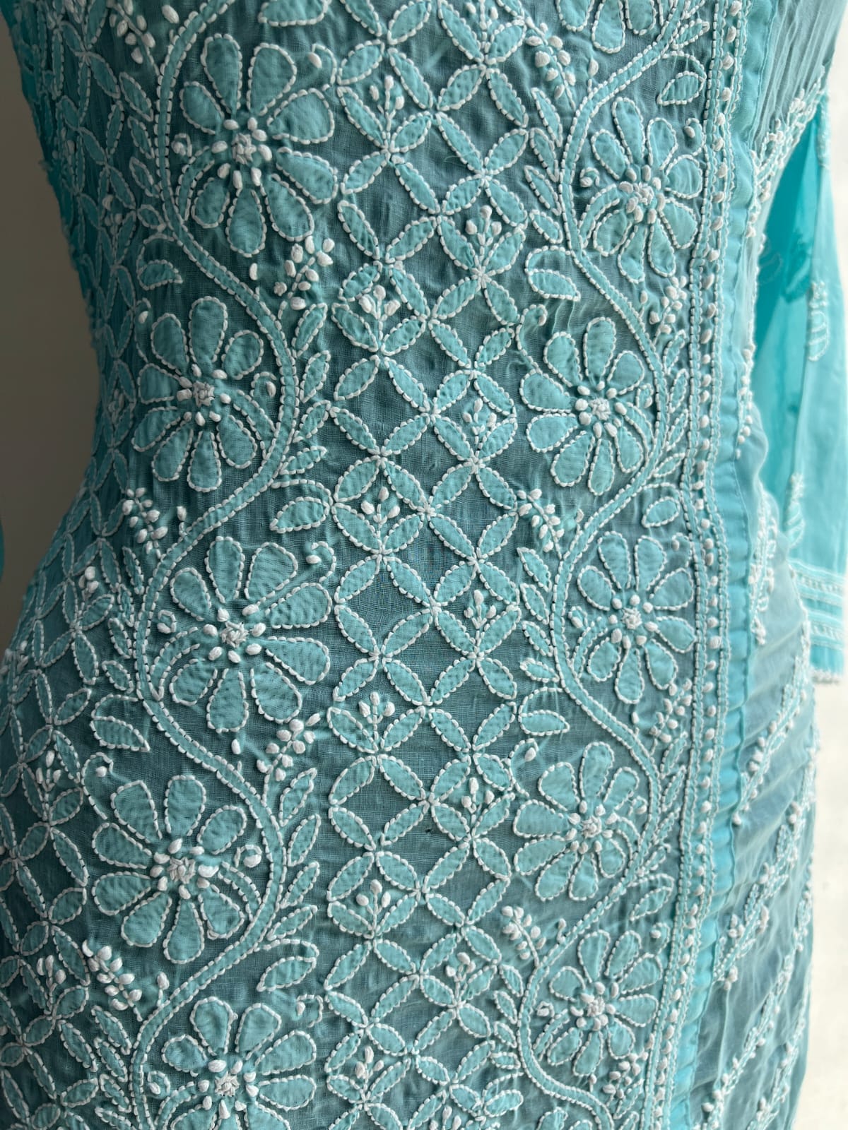 Sky Blue Soft Cotton Angarkha style Kurta with intricate chikankari