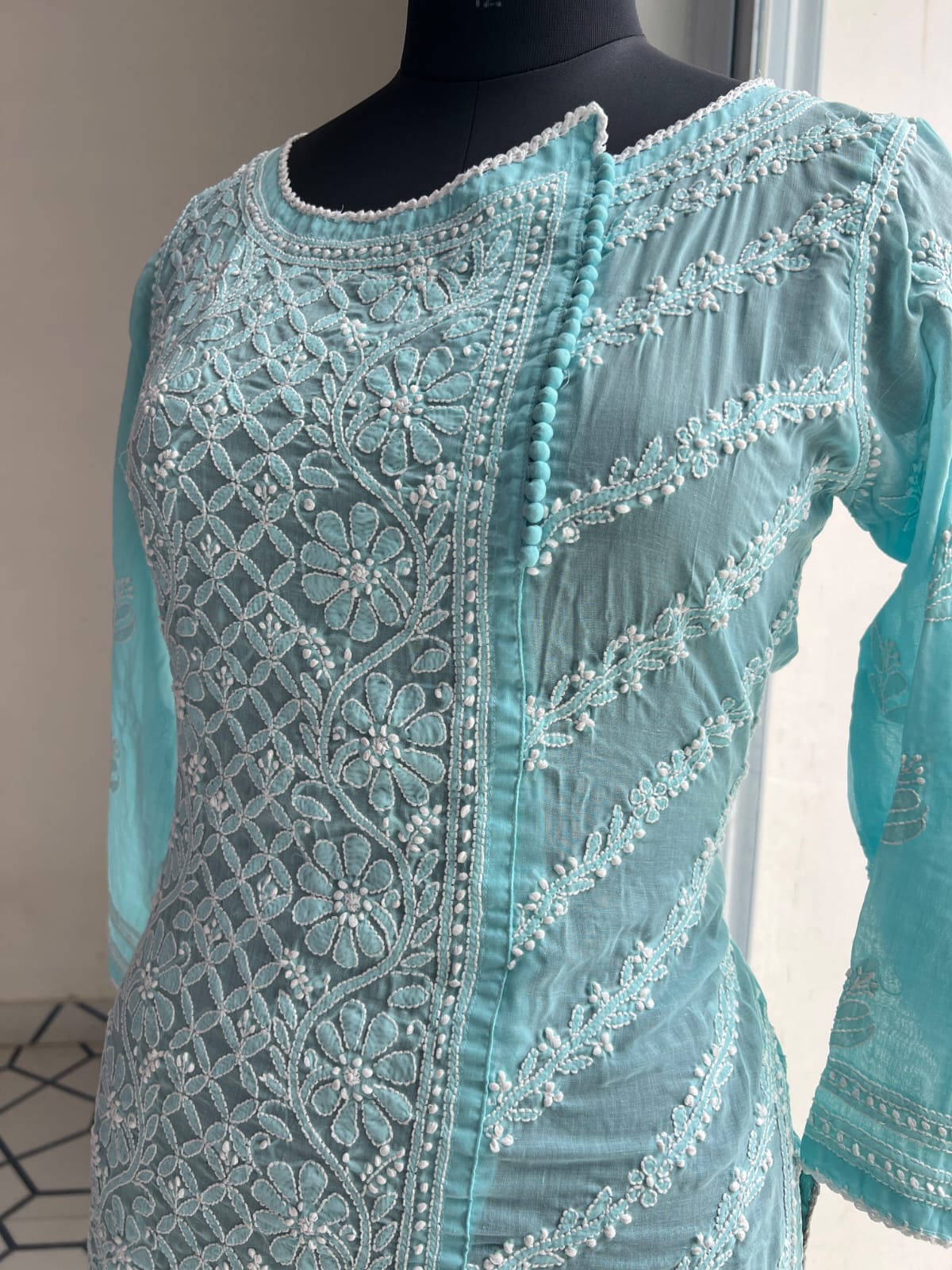 Sky Blue Soft Cotton Angarkha style Kurta with intricate chikankari