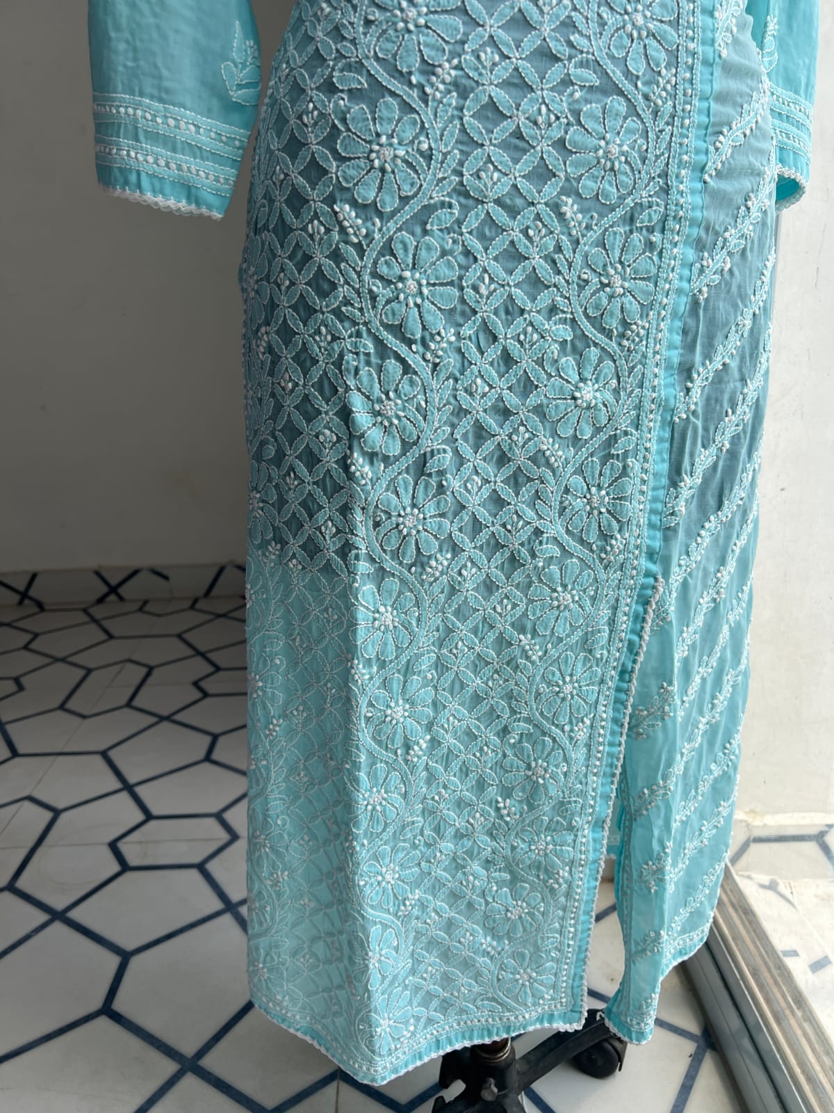 Sky Blue Soft Cotton Angarkha style Kurta with intricate chikankari