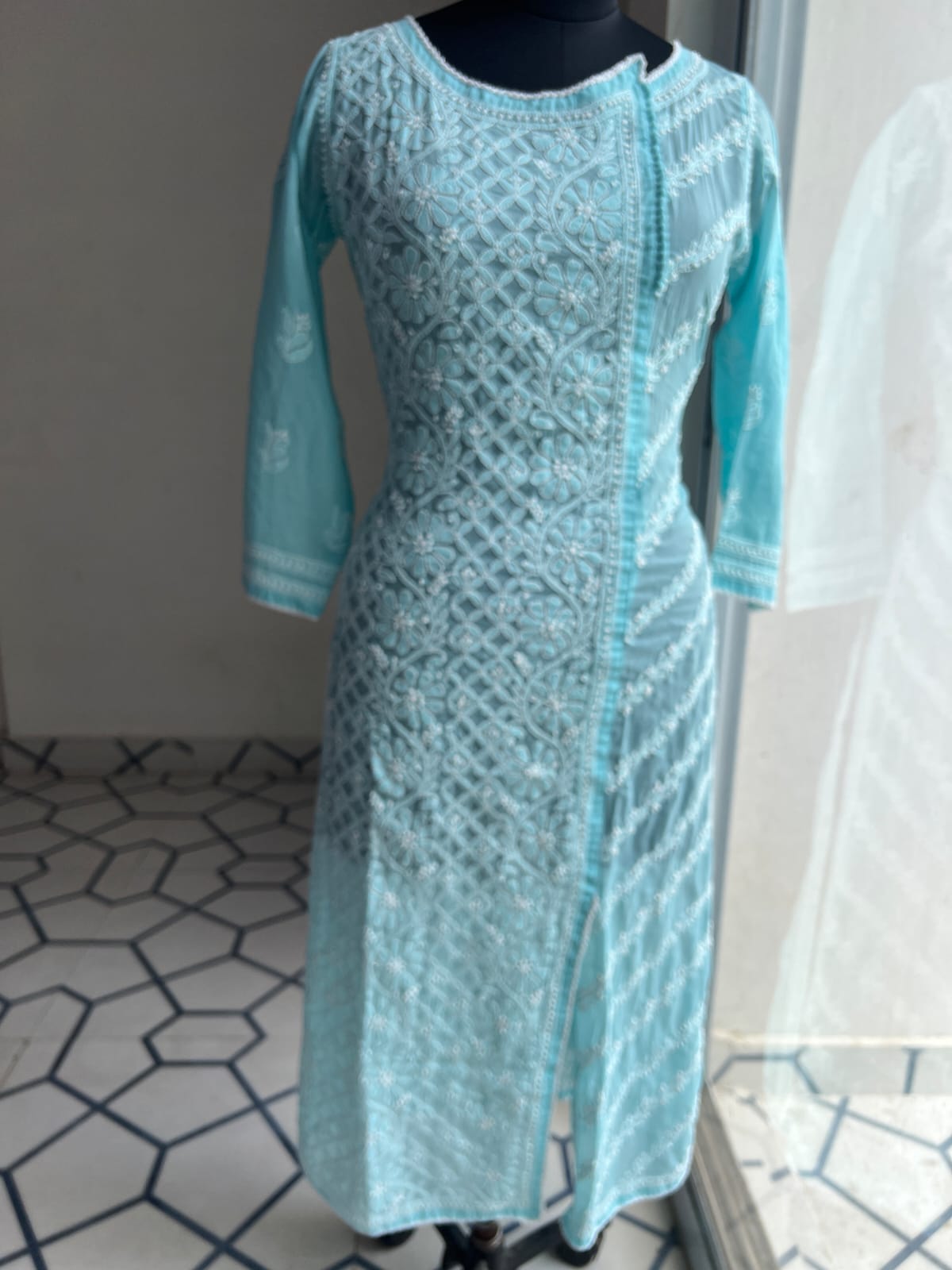 Sky Blue Soft Cotton Angarkha style Kurta with intricate chikankari