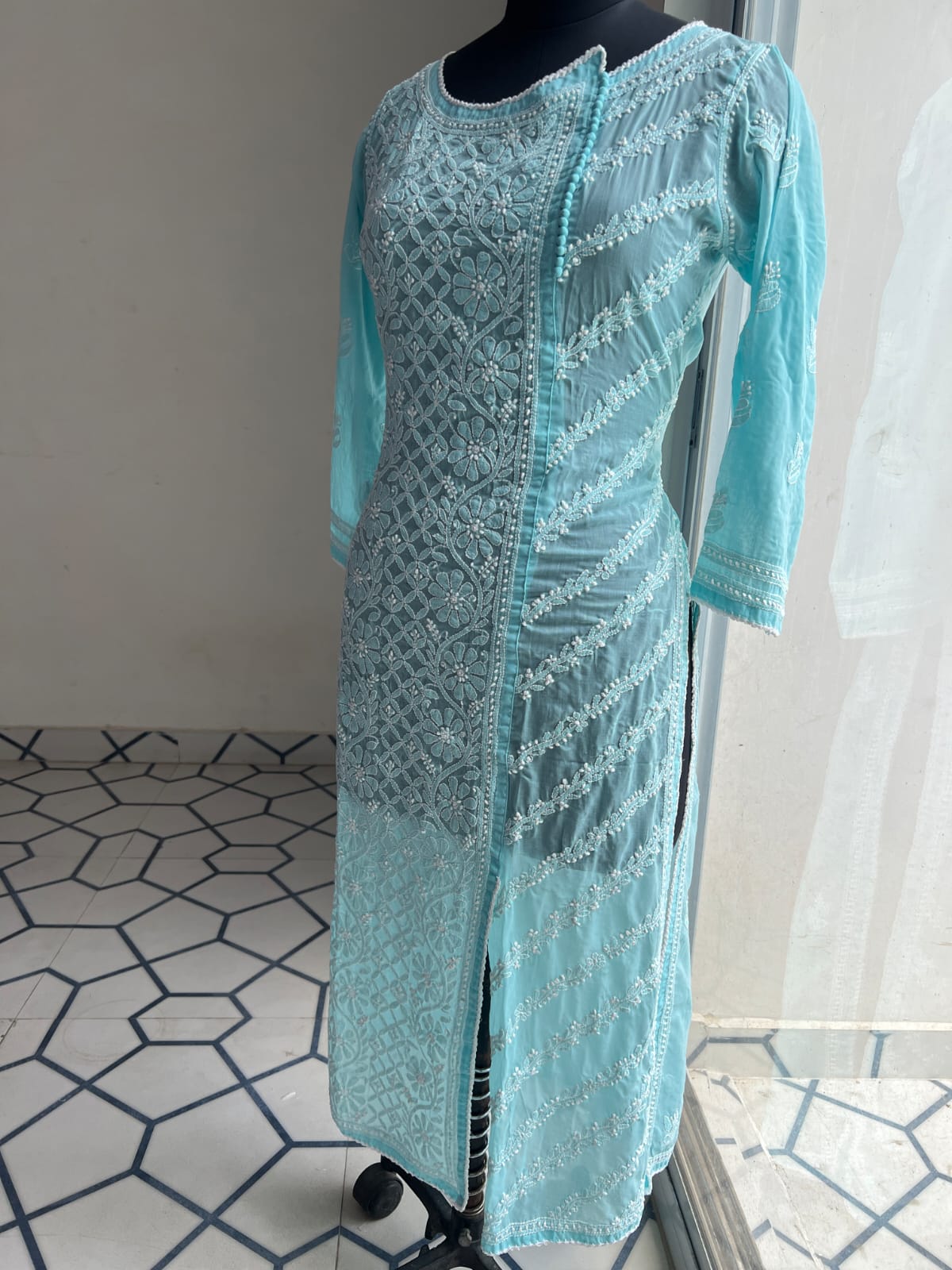 Sky Blue Soft Cotton Angarkha style Kurta with intricate chikankari