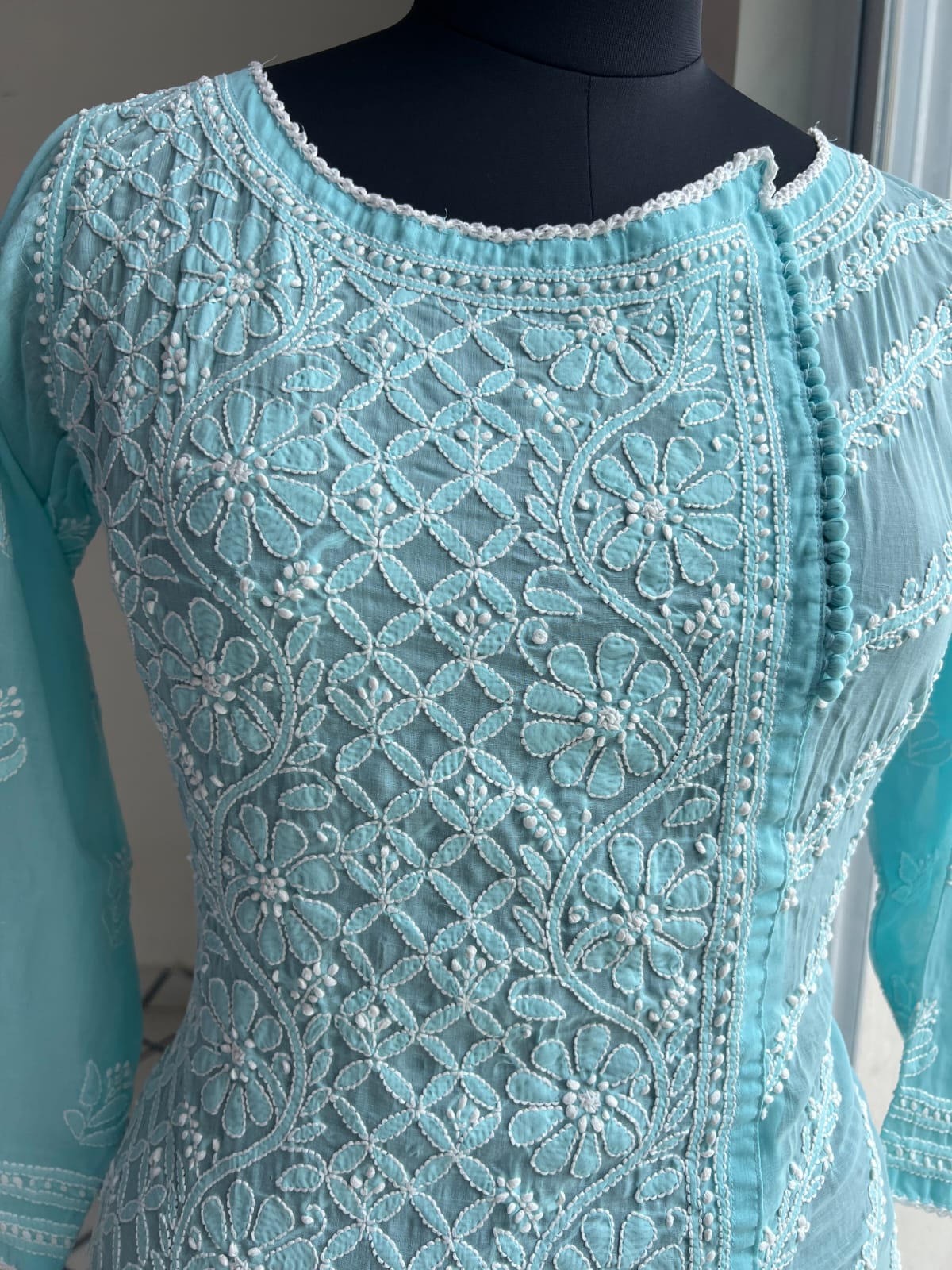 Sky Blue Soft Cotton Angarkha style Kurta with intricate chikankari