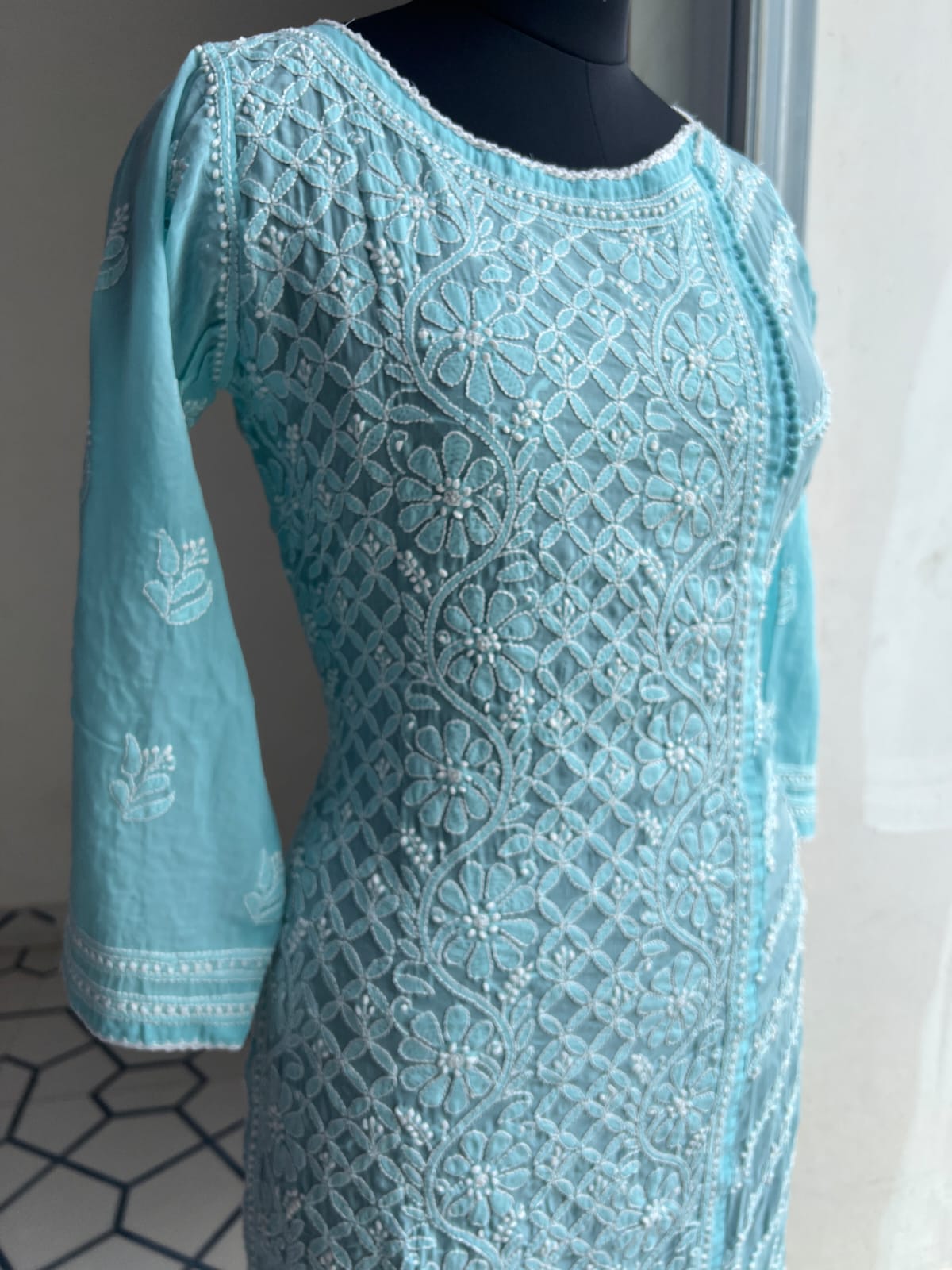 Sky Blue Soft Cotton Angarkha style Kurta with intricate chikankari