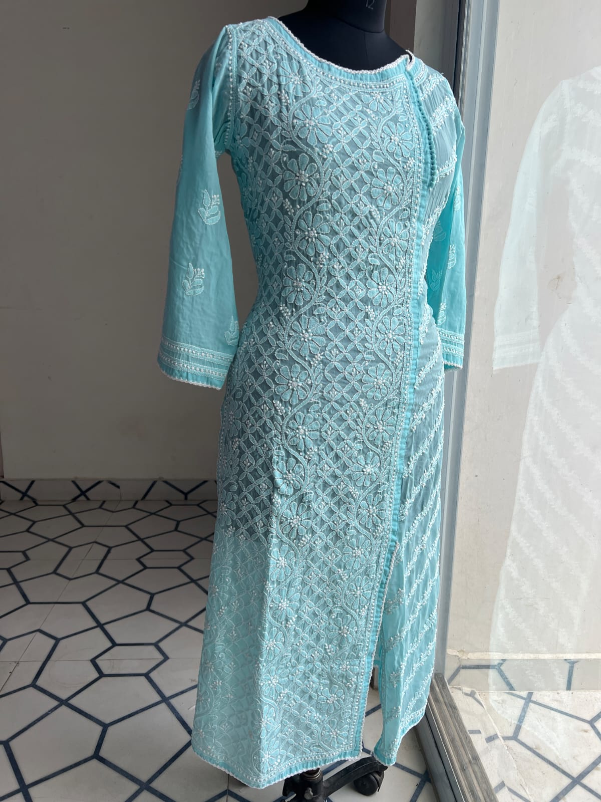 Sky Blue Soft Cotton Angarkha style Kurta with intricate chikankari