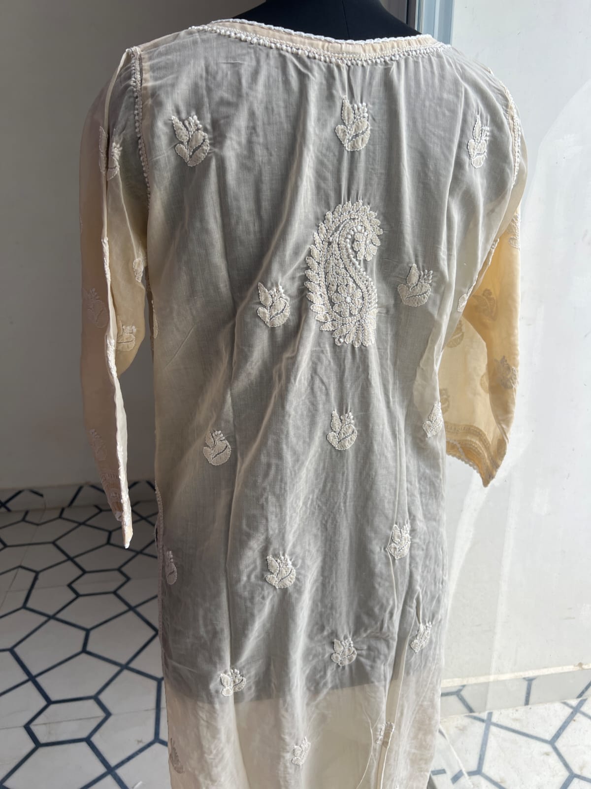 Beige Soft Cotton Angarkha style Kurta with intricate chikankari