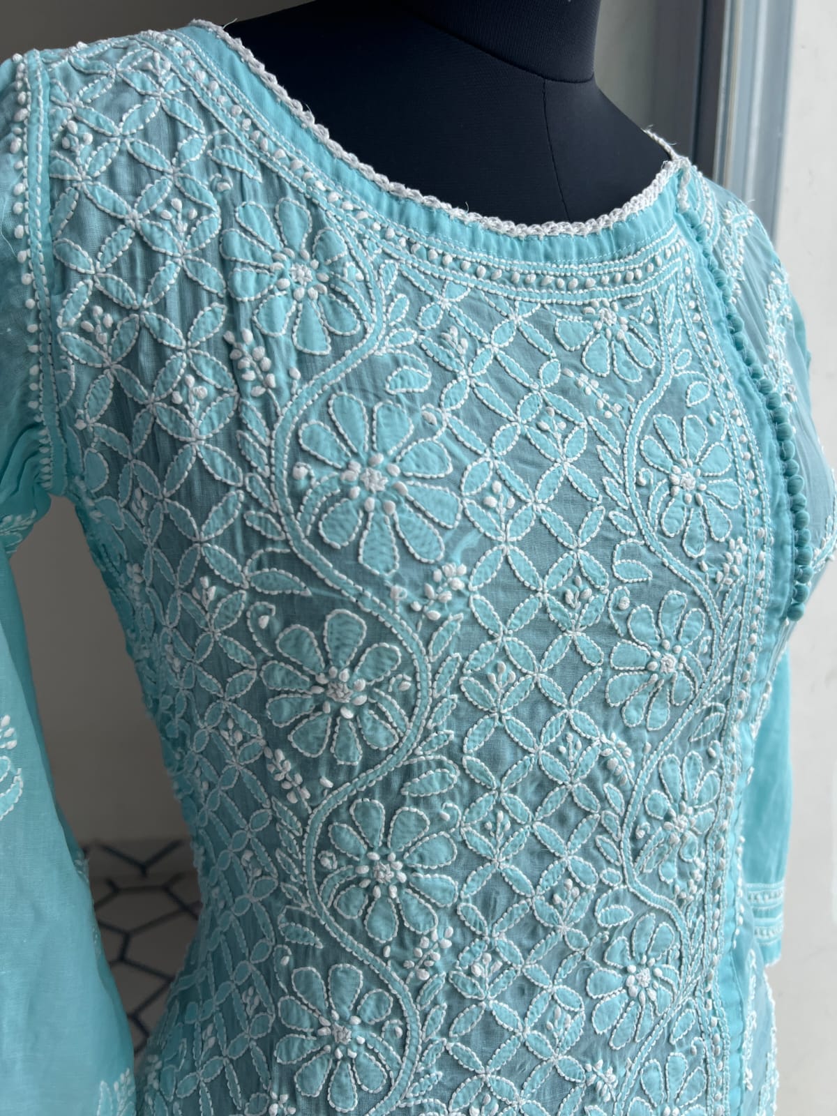 Sky Blue Soft Cotton Angarkha style Kurta with intricate chikankari