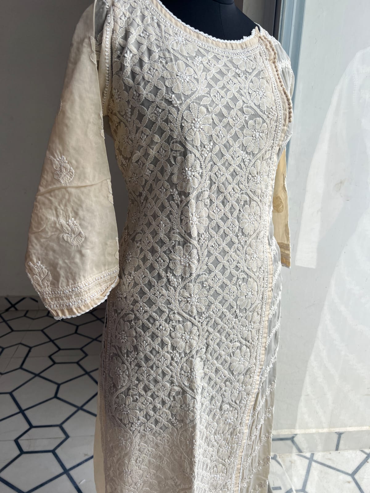 Beige Soft Cotton Angarkha style Kurta with intricate chikankari