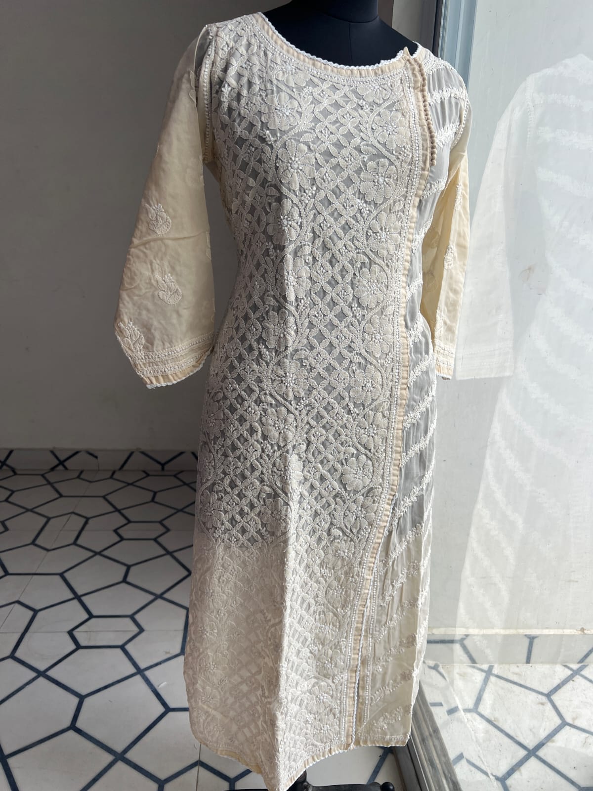 Beige Soft Cotton Angarkha style Kurta with intricate chikankari