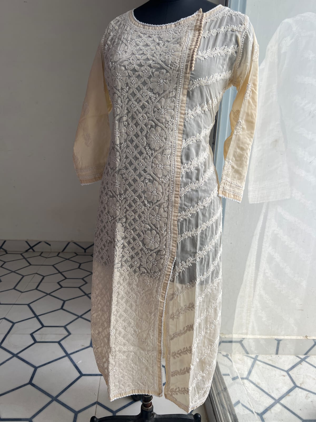 Beige Soft Cotton Angarkha style Kurta with intricate chikankari