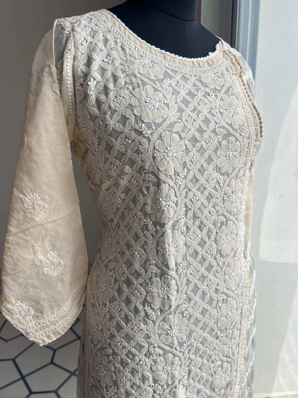 Beige Soft Cotton Angarkha style Kurta with intricate chikankari