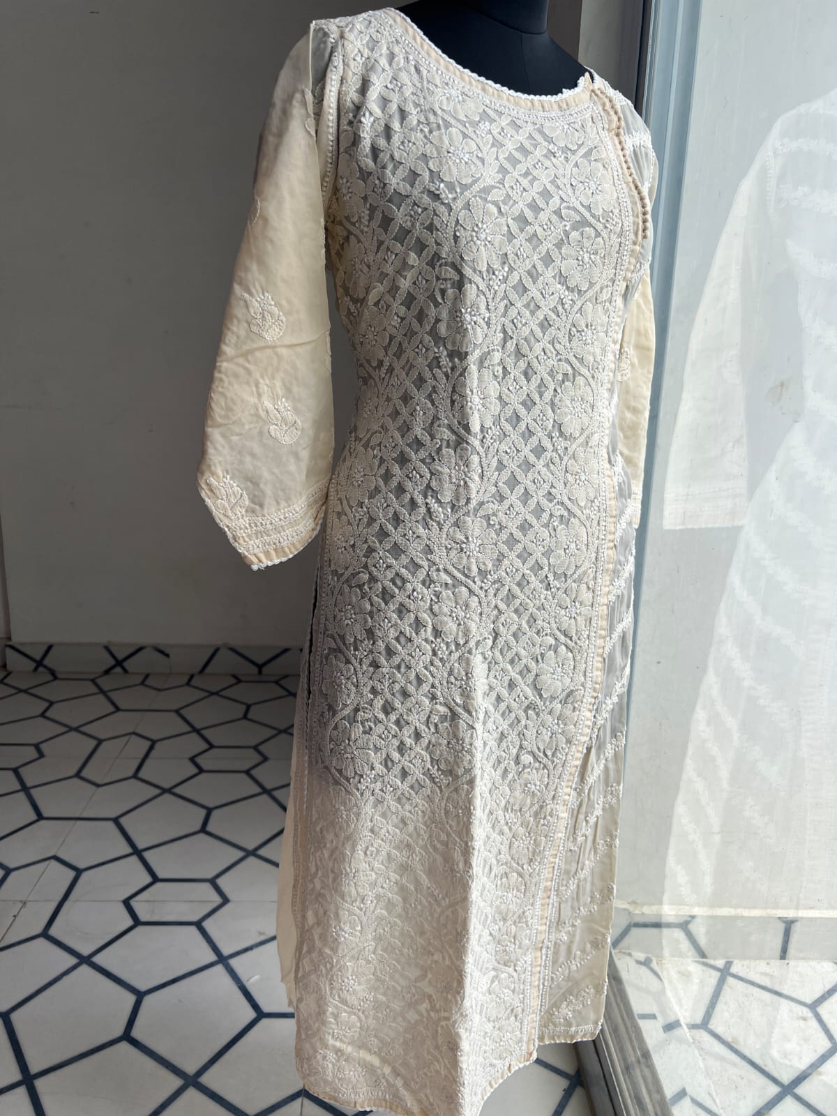 Beige Soft Cotton Angarkha style Kurta with intricate chikankari