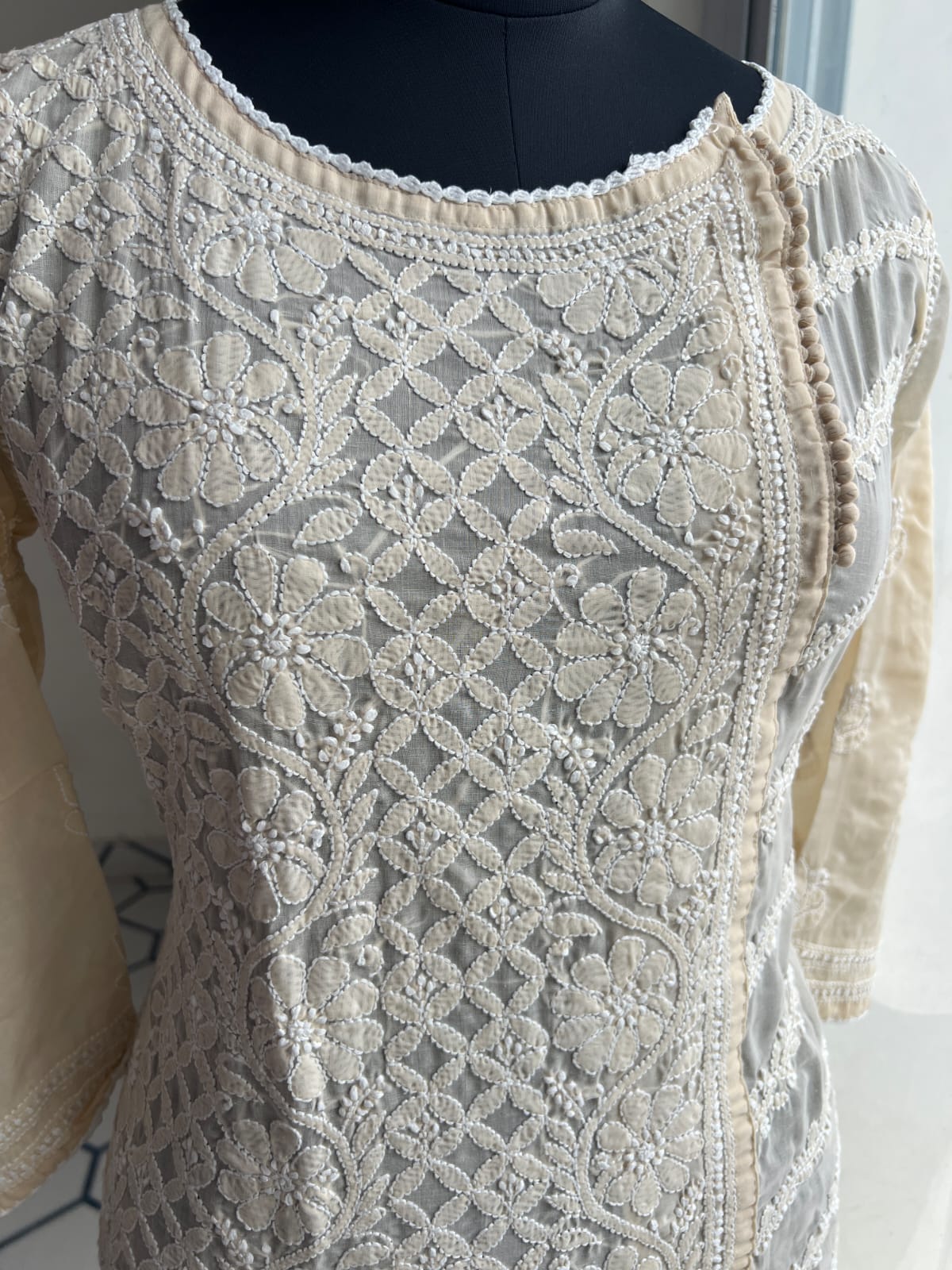 Beige Soft Cotton Angarkha style Kurta with intricate chikankari