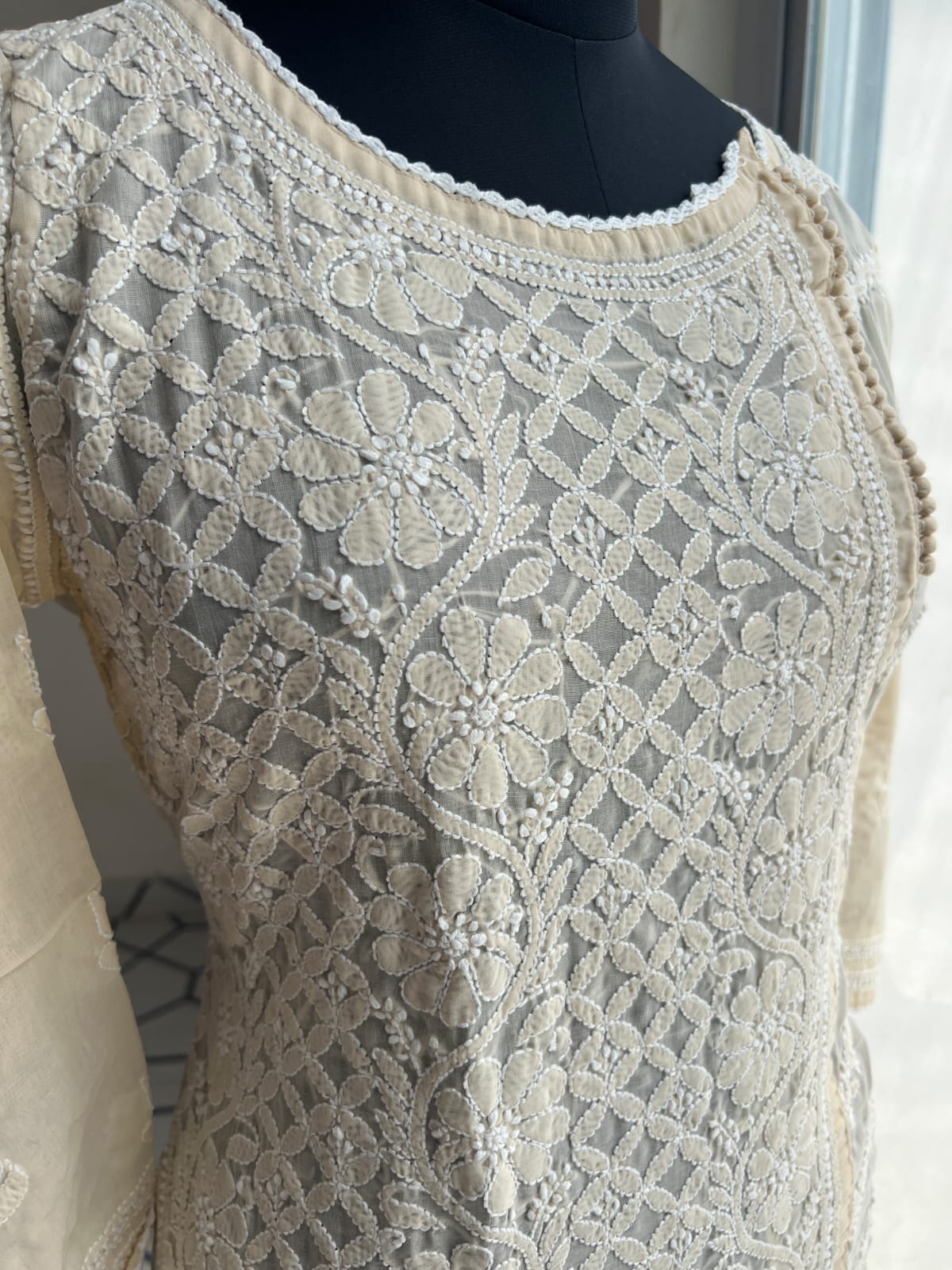 Beige Soft Cotton Angarkha style Kurta with intricate chikankari