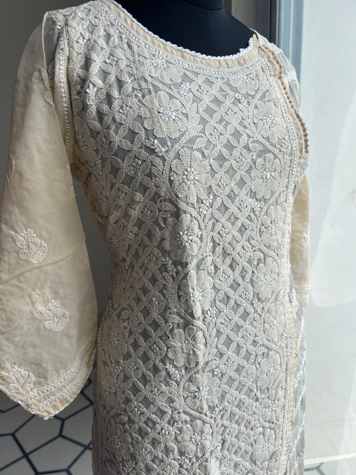 Beige Soft Cotton Angarkha style Kurta with intricate chikankari