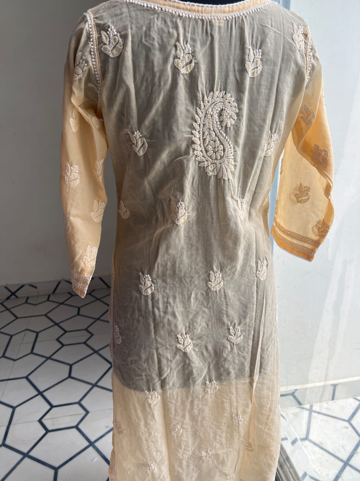 Peach Soft cotton Angarkha style kurta with intricate chikankari