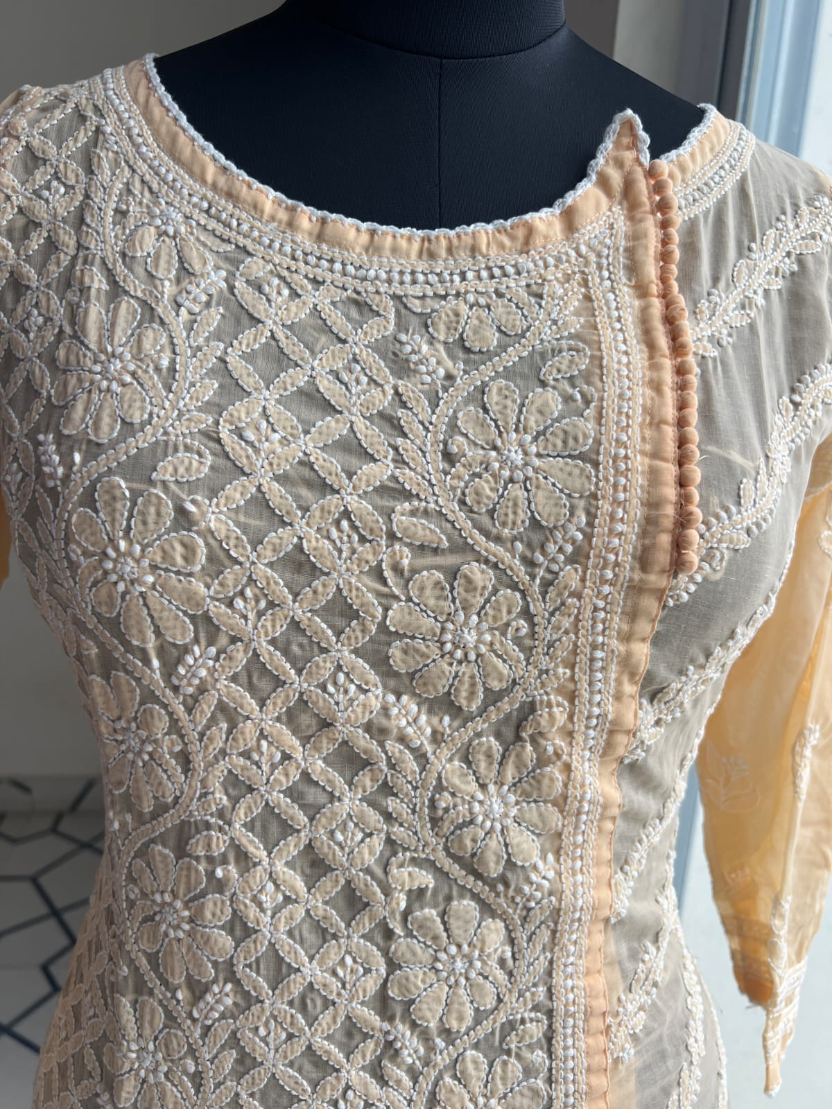 Peach Soft cotton Angarkha style kurta with intricate chikankari