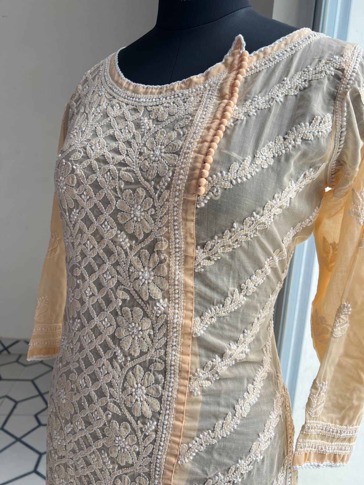 Peach Soft cotton Angarkha style kurta with intricate chikankari