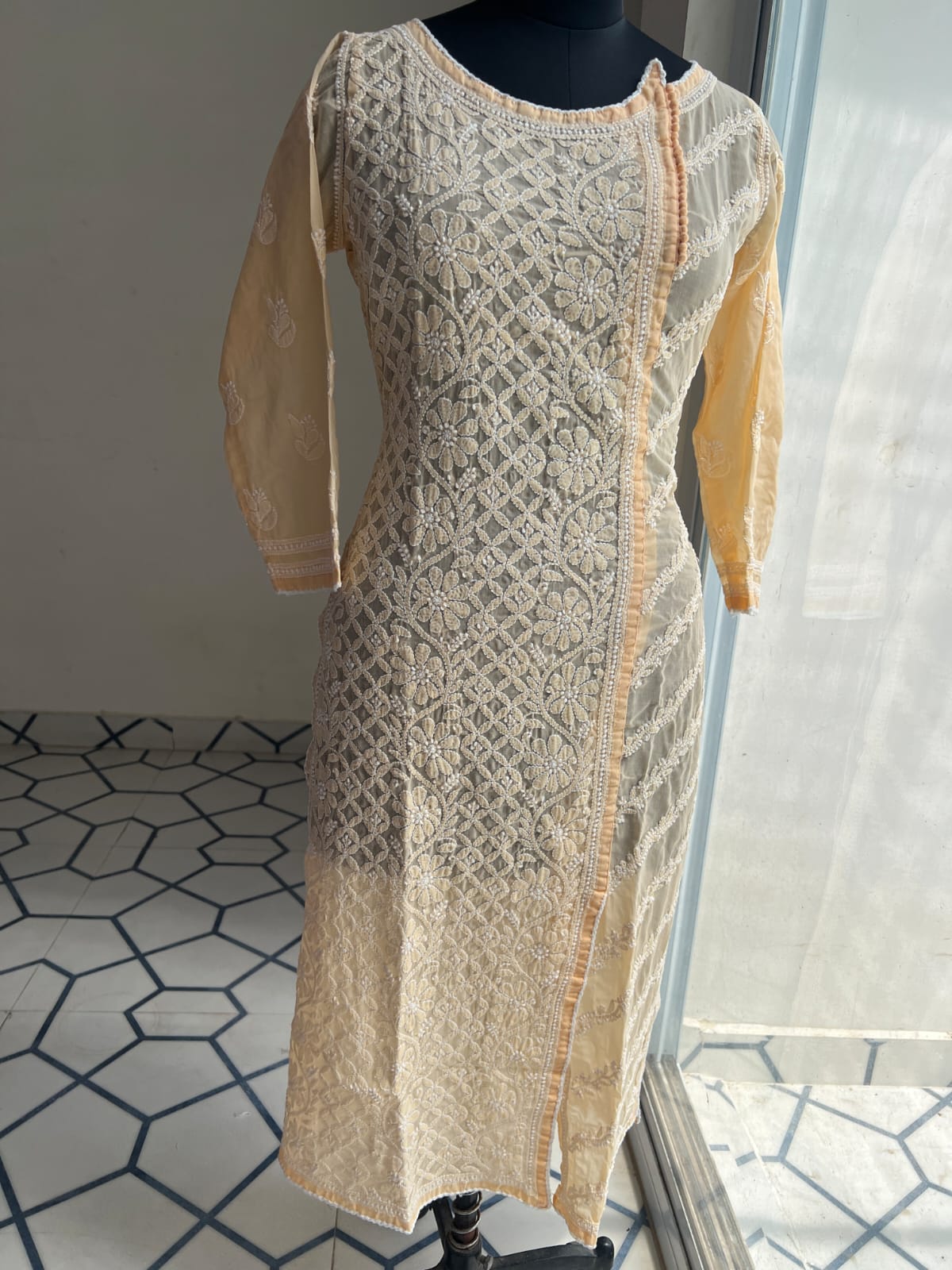 Peach Soft cotton Angarkha style kurta with intricate chikankari
