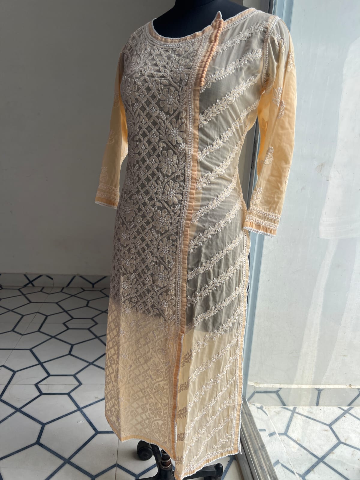 Peach Soft cotton Angarkha style kurta with intricate chikankari