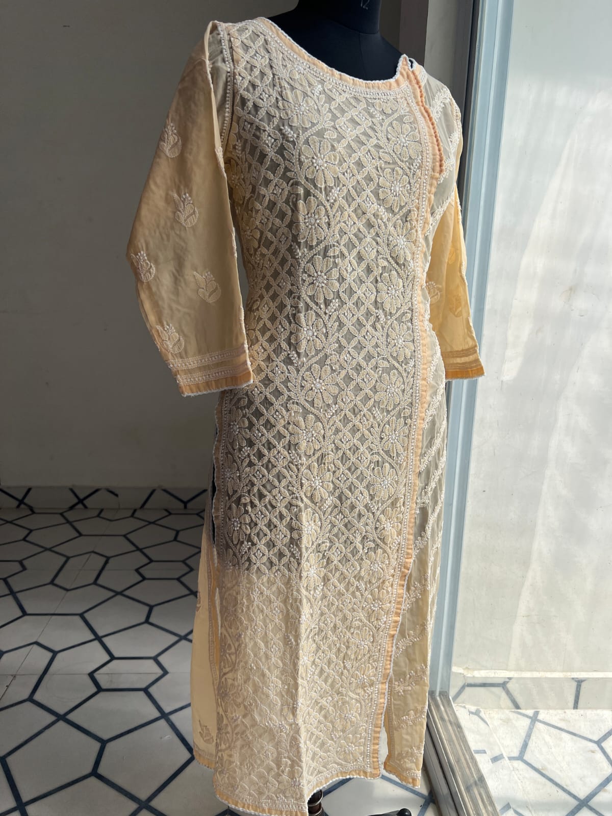 Peach Soft cotton Angarkha style kurta with intricate chikankari