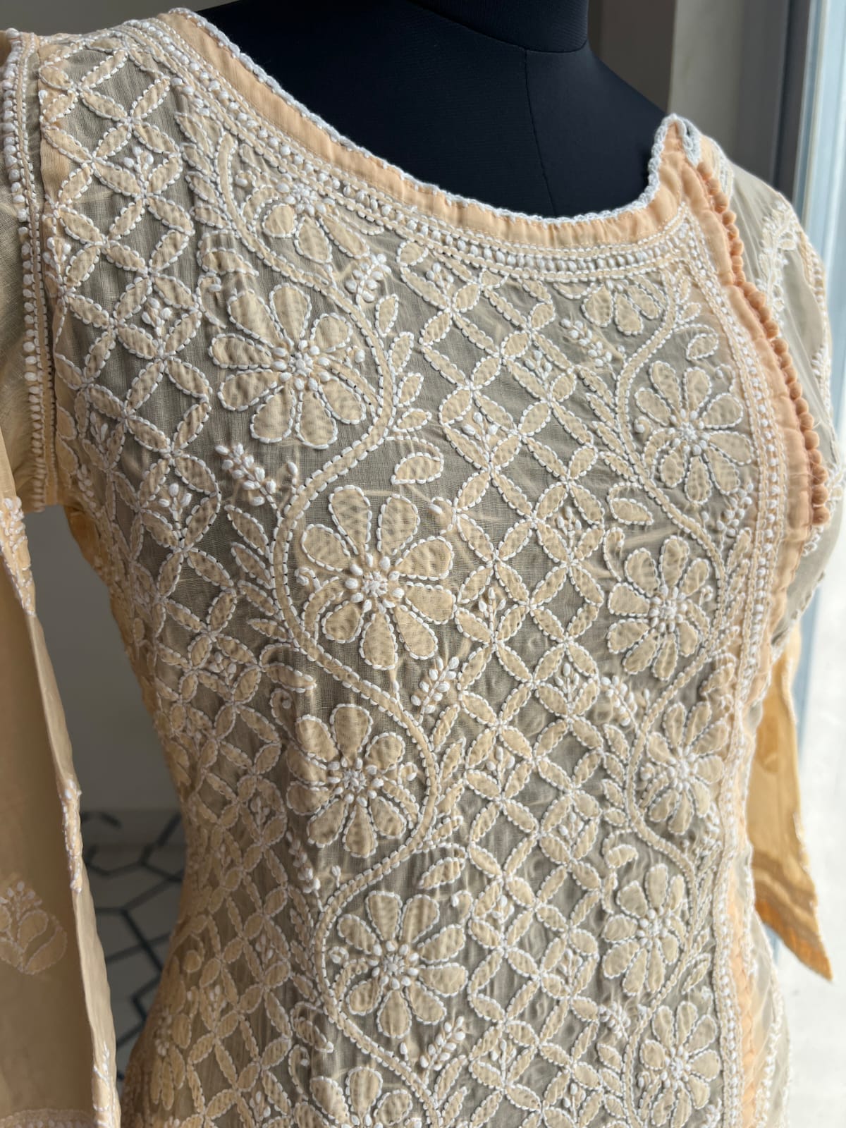 Peach Soft cotton Angarkha style kurta with intricate chikankari